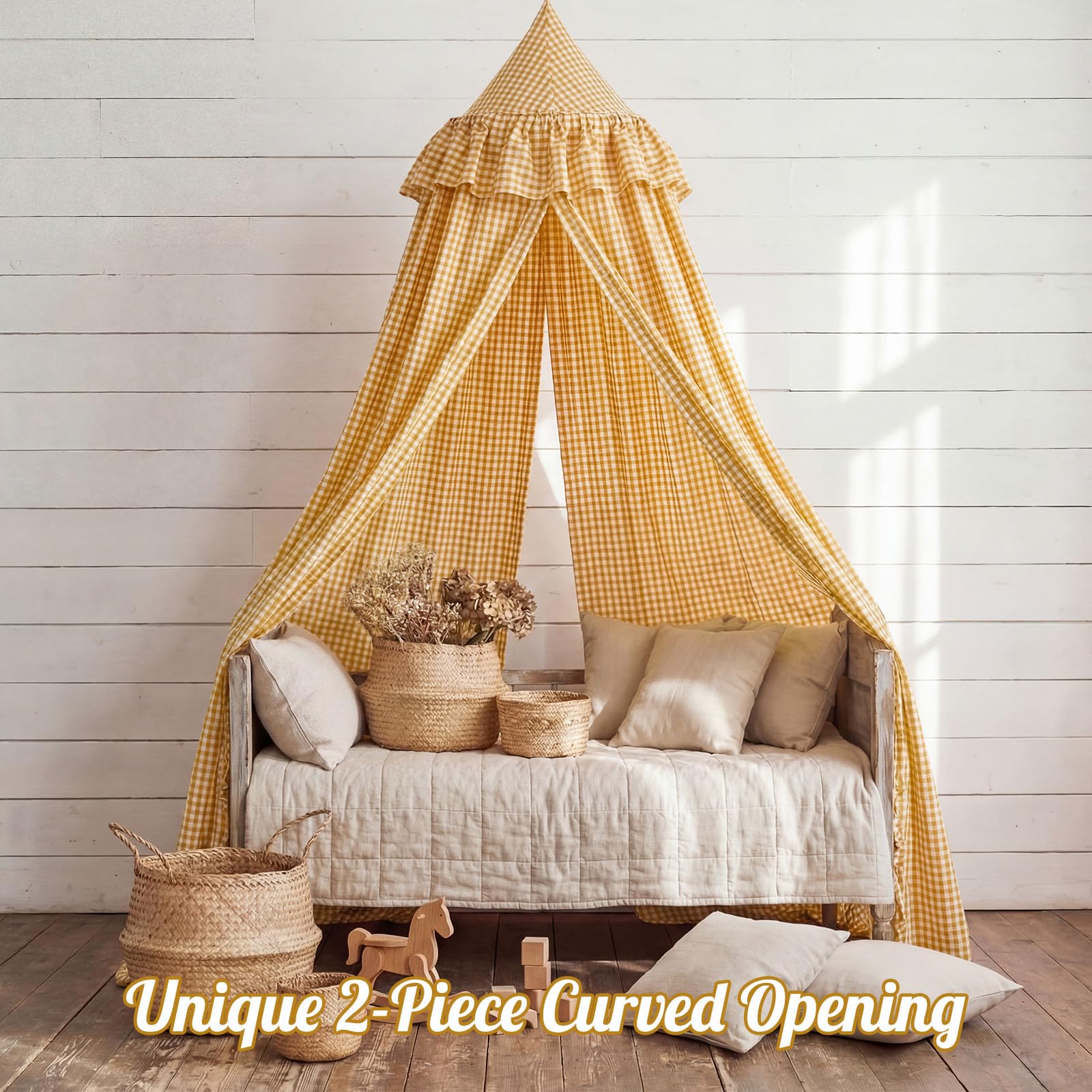 SmoothNovelty Gingham Plaid Bed Canopy with Ruffles Soft Vintage Style Decorative Tent for Reading Nook Play Area or Adult Bedroom Circus Tent Canopy(Yellow) — view 4