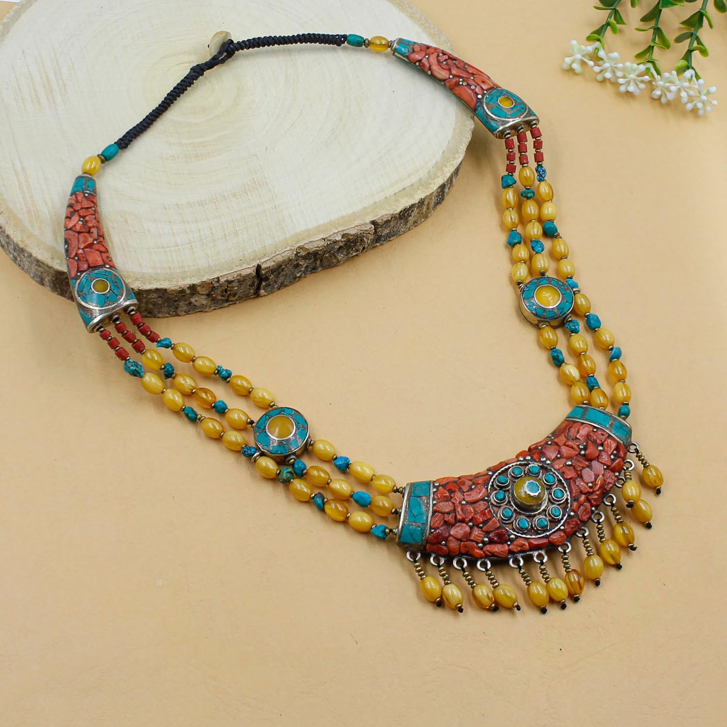 Tibetan Silver Bib Amber Turquoise Coral Statement Necklace for Women Ethnic Bohemian Choker Collar Jewelry