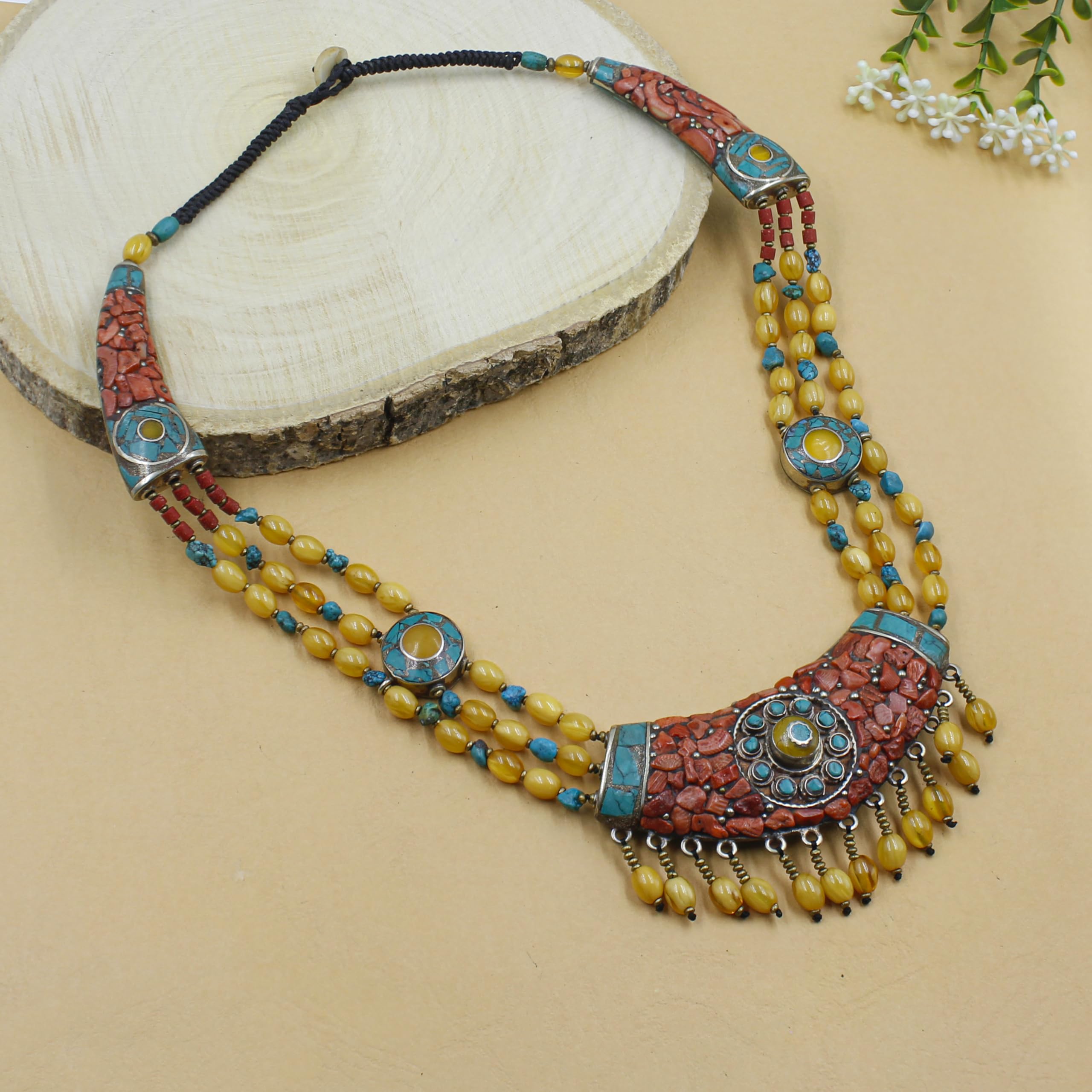 Collana Bib Etnica Boho Statement Ambra Turchese Corallo
