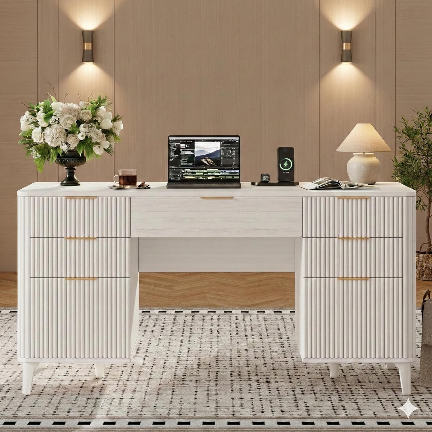 Wooden Desk with Drawers, 55" Fluted Executive Desk with Storage Cabinet, Wood Home Office Desk with File Cabinet, Modern Computer Writing Desk for Study, Living Room, Bedroom