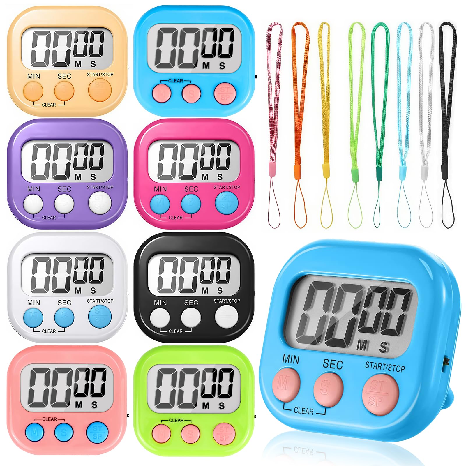 8-Pack Kids Digital Timer With 8 pcs Lanyard - Digital Timer Countdown Clock, Magnetic Kitchen Timers for Cooking, Minute Seconds Count Up for Children Classroom, Gym, Study, Toddler Teeth Cleaning
