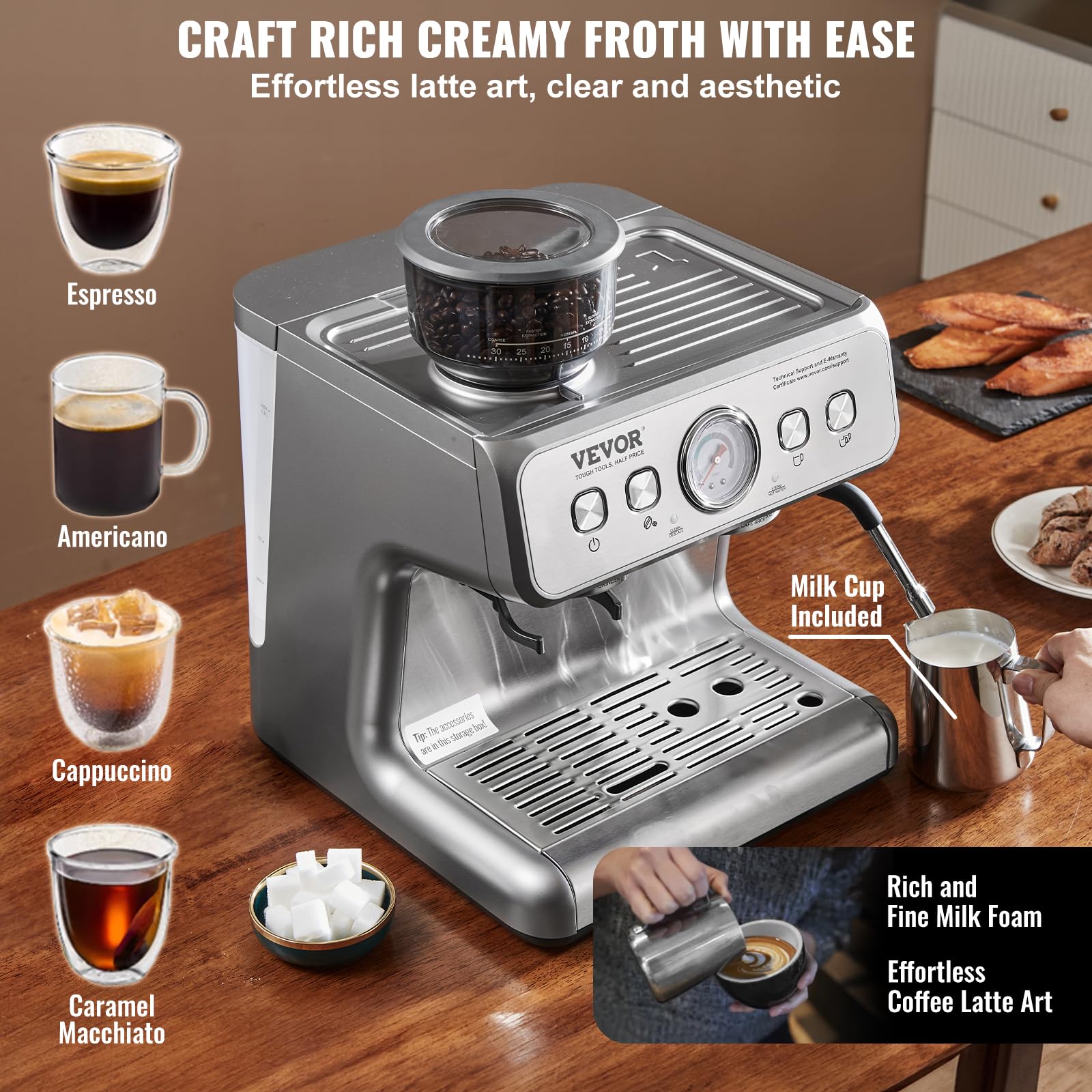 VEVOR Macchina per Caffè Espresso con Macinacaffè, Macchina per Caffè Espresso Semiautomatica da 15 Bar con Montalatte, Serbatoio dell'Acqua Estraibile e Manometro