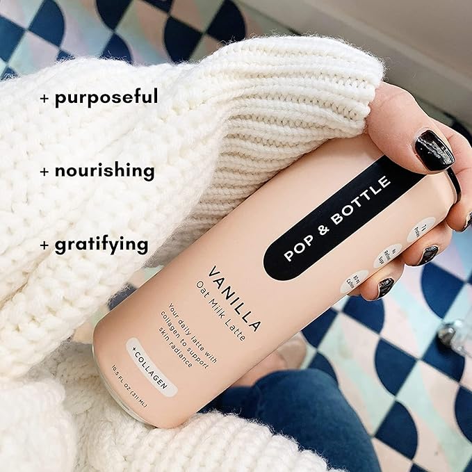 Discover the unrivaled taste and health benefits of Pop & Bottle's Oat Milk Latte with Sustainably Sourced Marine Collagen. Indulge in this delectable beverage, packed with nutritious ingredients that promote joint and skin health. Each 8 fl oz pack of 12 offers convenience for on-the-go enjoyment or stocking up for your daily fix.