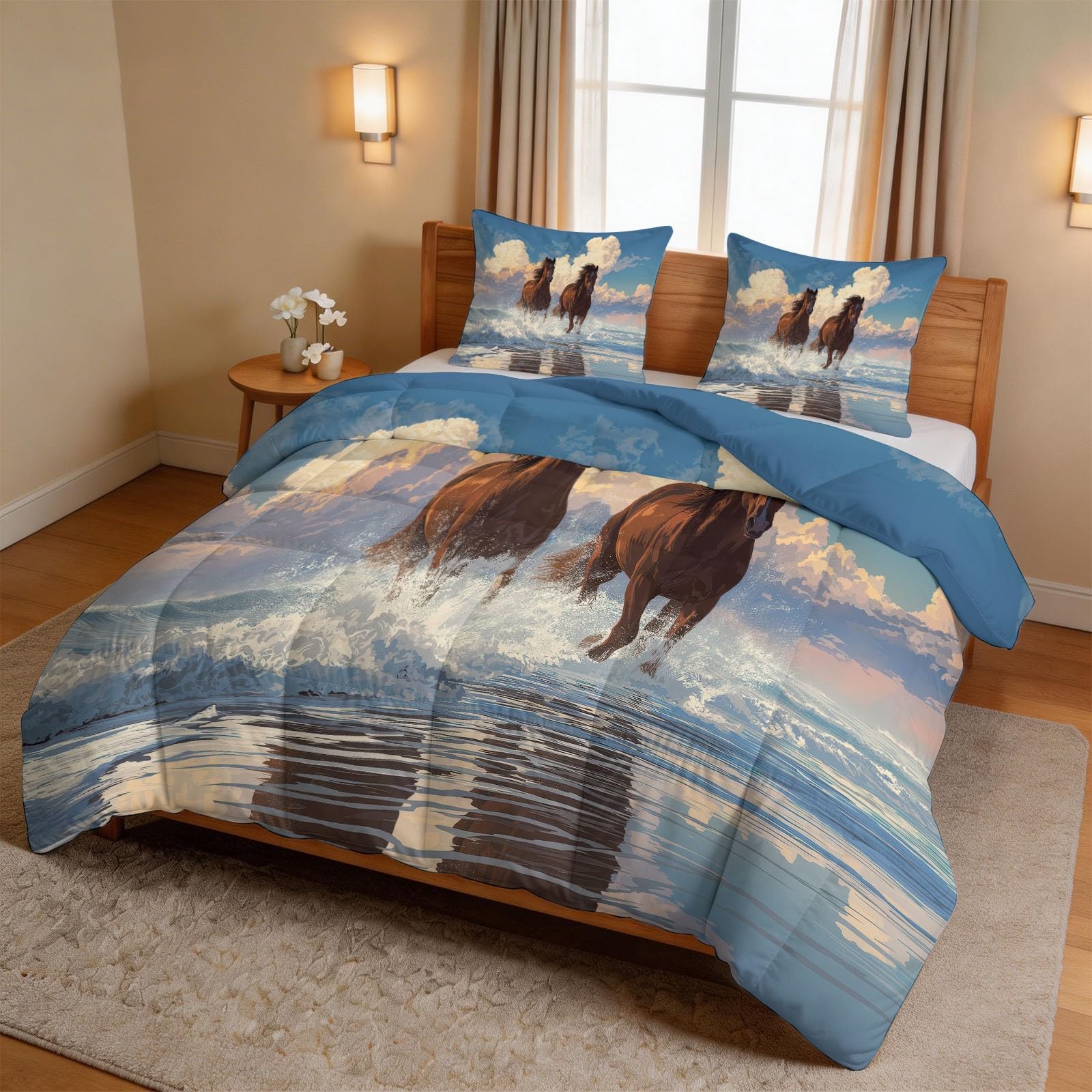 Kołdra 260 x 220 cm, na 4 pory roku, naturalny krajobraz dla alergików, miękka kołdra pikowana, bez poszewki, zwierzęta, konie, fale morskie, zachód słońca – kołdra do spania z 2 poszewkami na