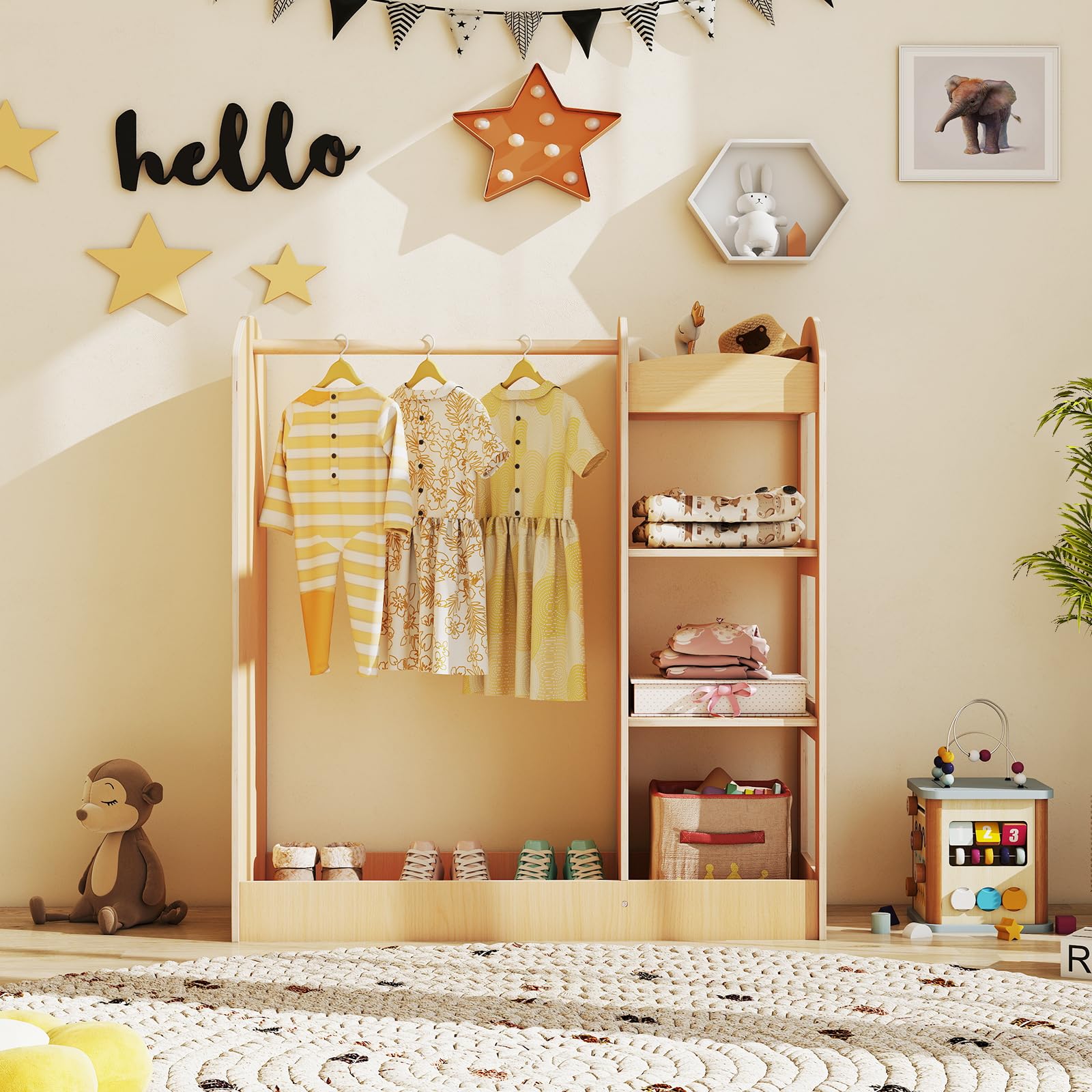 FANTASK Kindergarderobe Kleiderständer, Holz Kleiderschrank mit Spiegel sowie 4 Ablagen Kleiderbügel, multifunktionales Kinder Garderobenregal für Kinderzimmer Spielzimmer, Natur