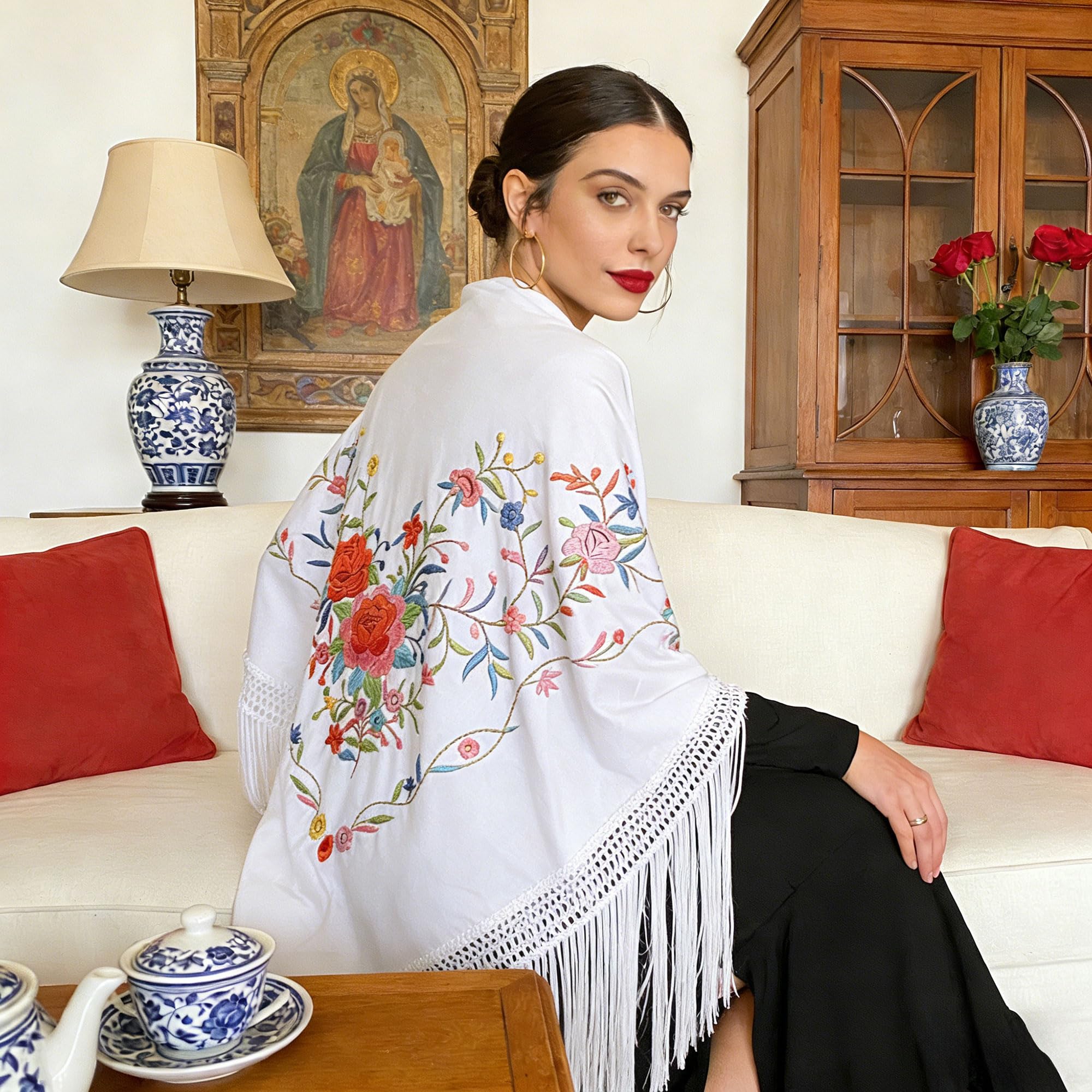 Wildarms Mantón de Sevillana Bordado con Flecos para Flamenco Feria Disfraz Baile Tradicional Mujer — view 2