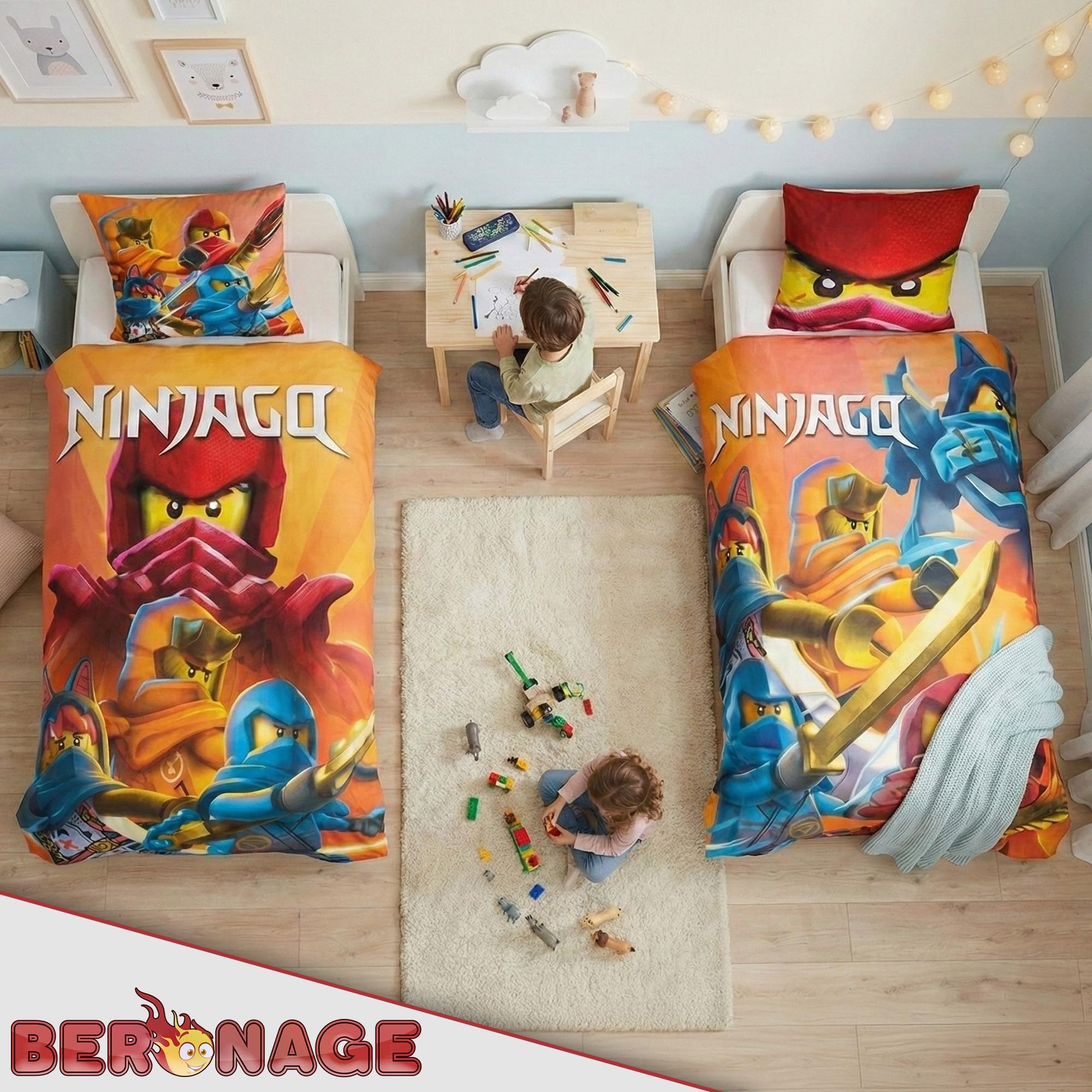 Lego Ninjago Movie Battle Parure de lit pour enfant – 135 x 200 cm + 80 x 80 cm – 100 % linon de coton – Cole – Jay – Kai – Lloyd – Zane – NYA – Misako – Sensei Wu – Renforcé – Taille allemande –