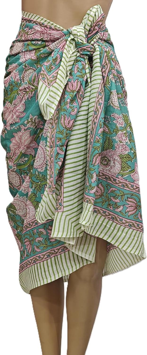 100% Cotton Hand Block Print Pareo Sarong Swimsuit Wrap Skirt Cover Up Long Women’s Apparel Fabric Beach Bikni (73" x 44")