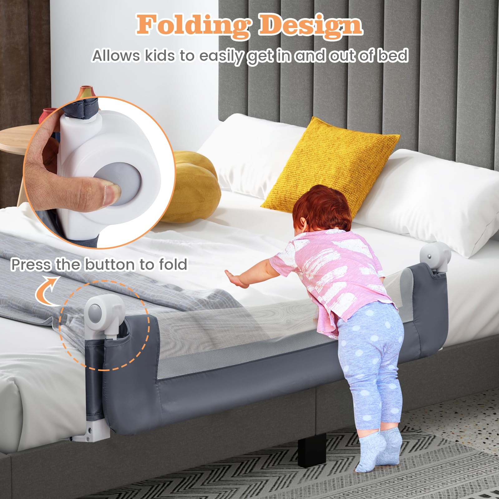 LIFEZEAL Sponda del Letto Pieghevole, Sponda del Letto di Sicurezza per Bambini Tessuto Oxford e PP, Sponda del Letto per Bambini 120x42,5CM, Protezione Anticaduta per Bambini (Grigio)