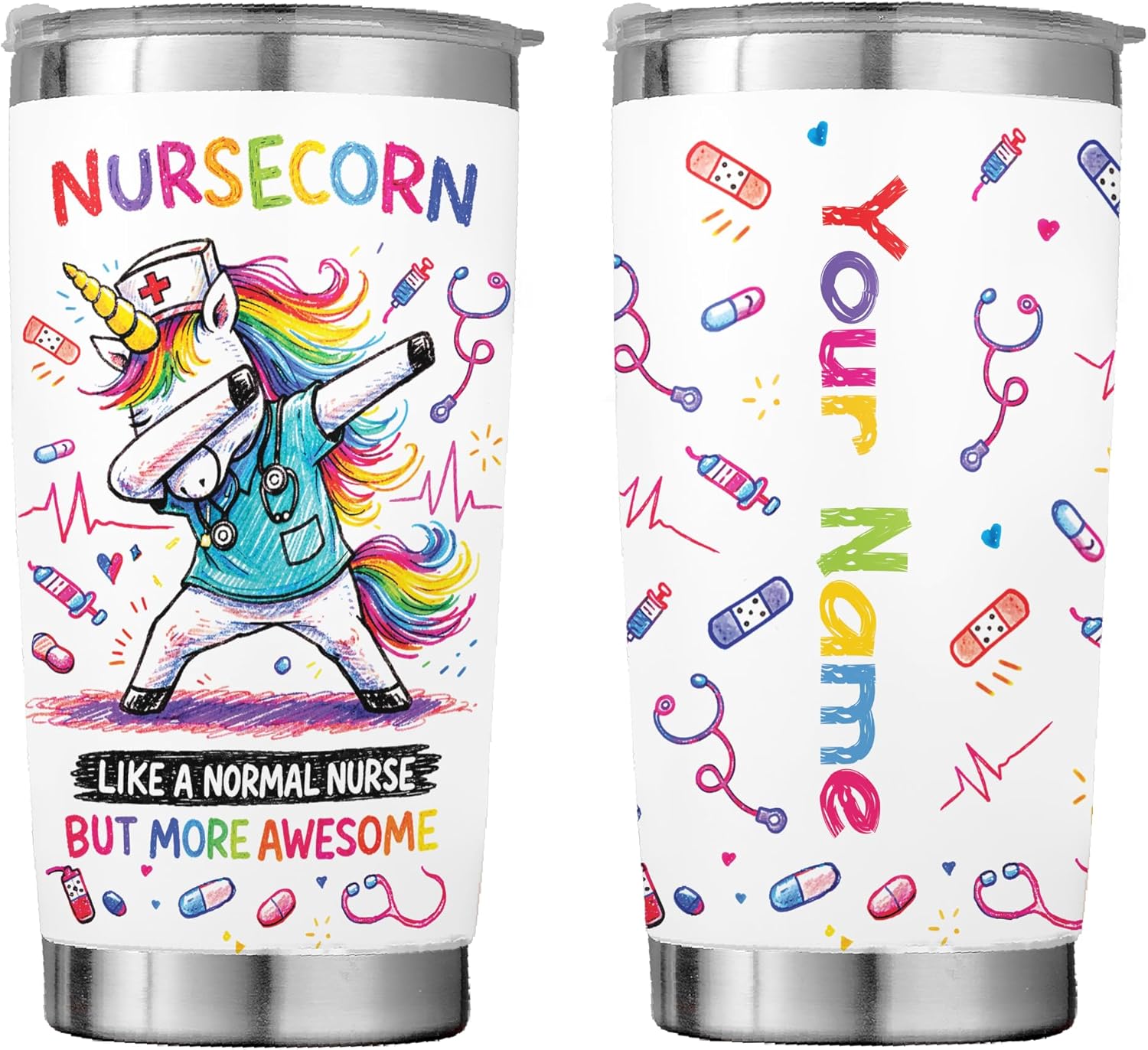 Personalized Nurse Tumbler, Blush Pink Nurse Cup with Stethoscope, Stainless Steel Tumblers 20oz Custom Name Coffee Travel Mug