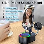 5in1 Wireless Induction Bluetooth Audio Speaker Emergency Rechargeable Phone Stand (3000mAh) with Foldable 300° Colored Ambient Light for Android iPhone Tablet, Gifts for Men Women (Black)