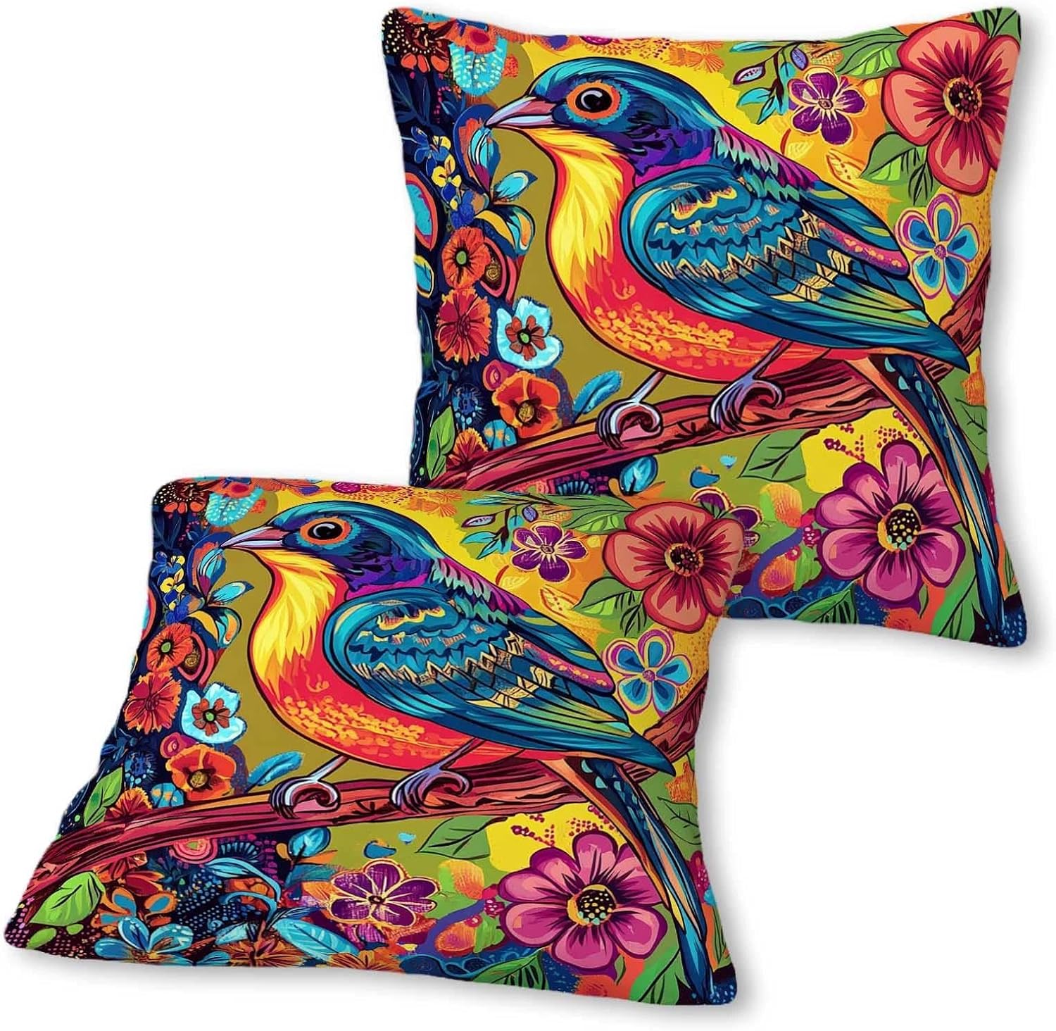 Pop Art Bird Throw Pillow Covers 18x18 Set of 2 | Decorative Cushion Cases for Couch Sofa Bed | Bird Pillowcases Decor for Living Room | Hidden Zipper | Vibrant Boho Accent - Image 5