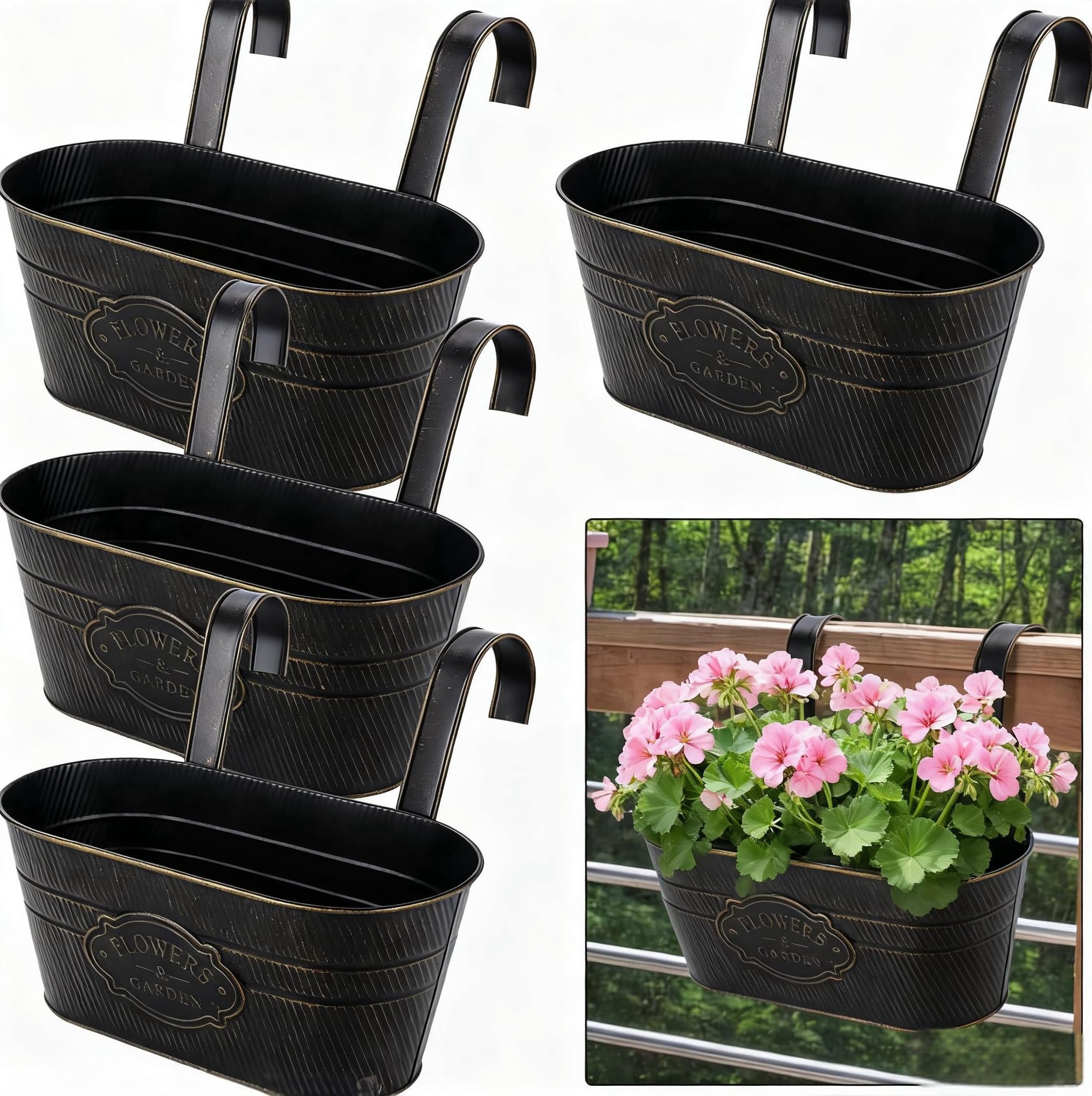 Lot de 4 Jardinières Suspendues Métal avec Crochets Amovibles pour Plantes Balcon Jardin