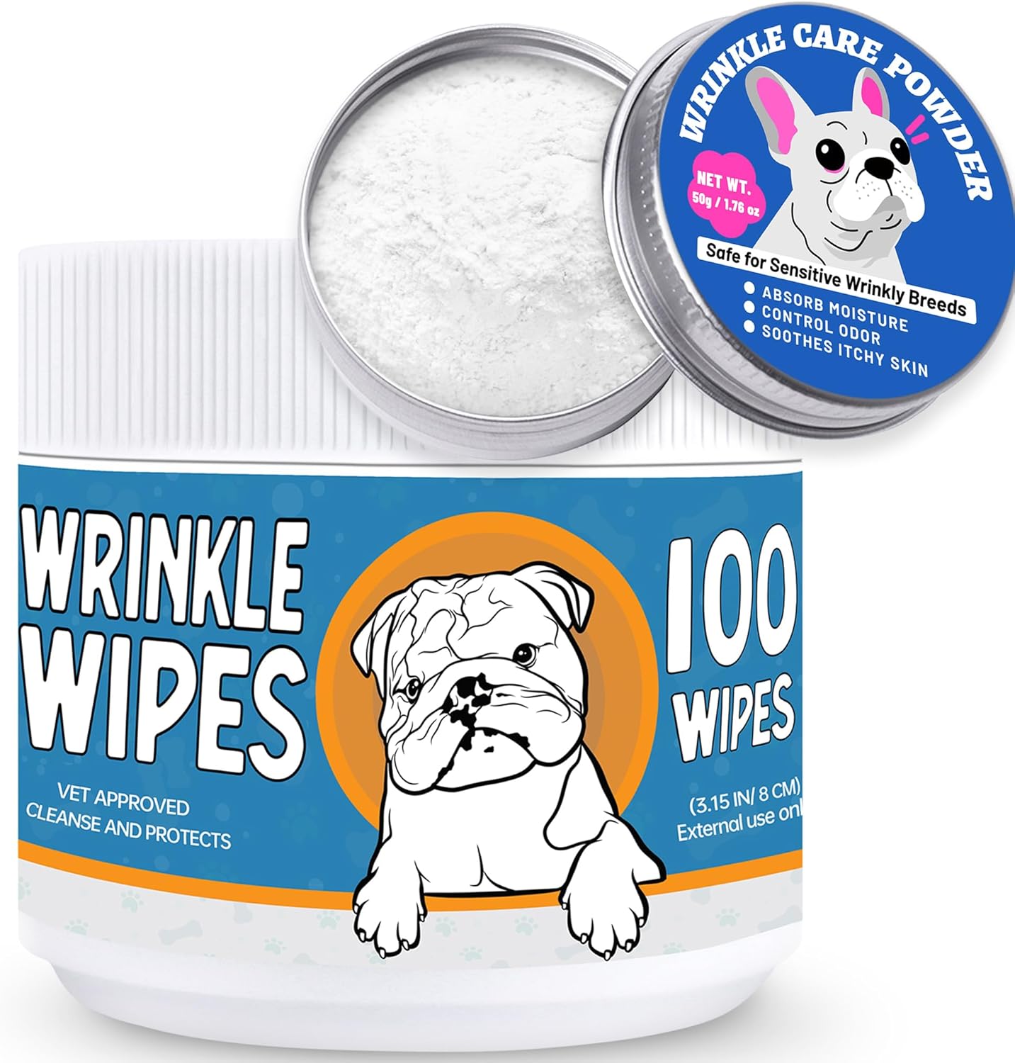 Bulldog Wrinkle Wipes & Powder Kit | Moisture & Odor Control | Cleans & Soothes Wrinkles, Folds, Tail Pockets | for Bulldogs, Pugs, Frenchies | 100 Wipes + 50g Powder with Brush