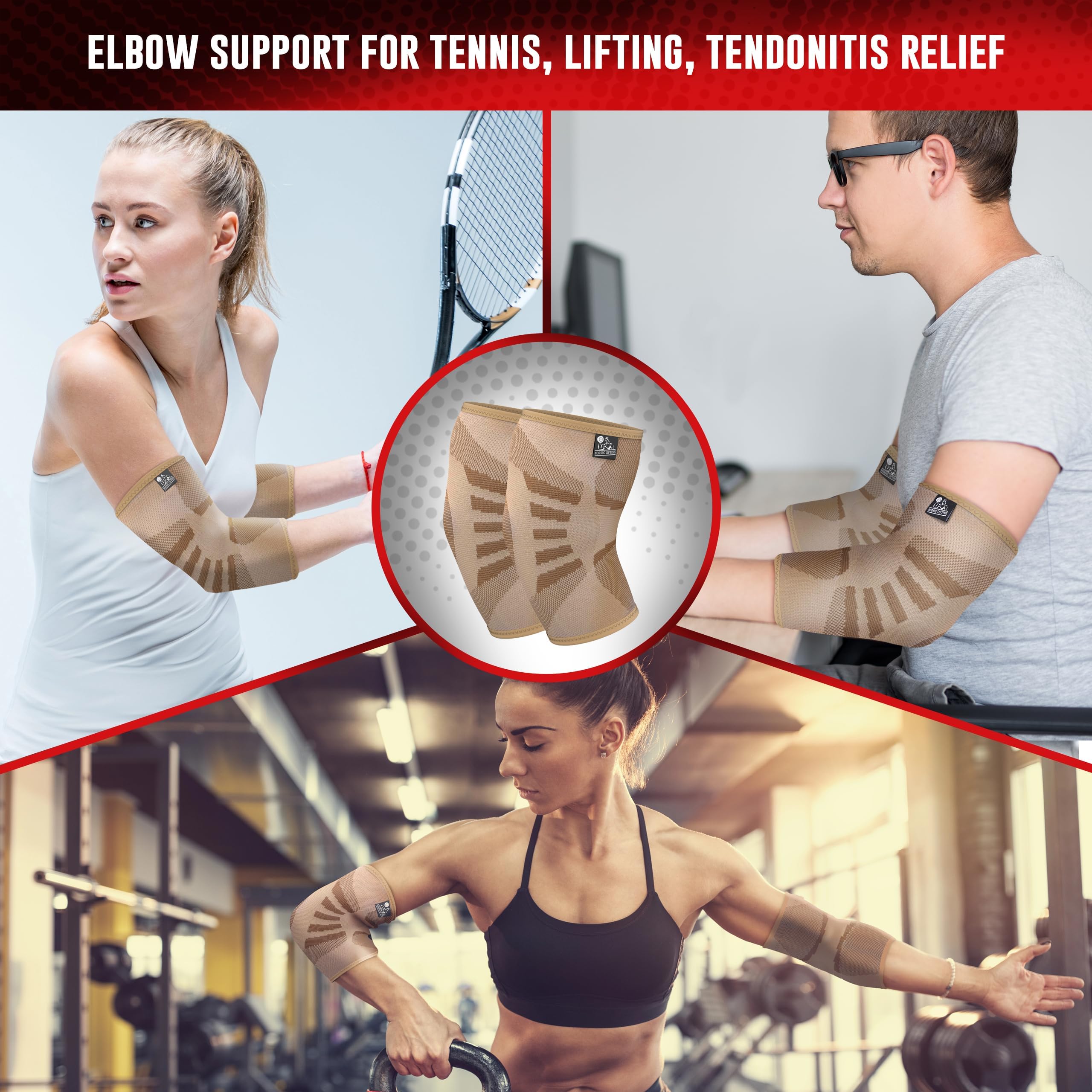 Nordic Lifting Manicotto a compressione per gomito (1 pezzo) per uomini e donne, supporto per alleviare il dolore, tendinite, gomito del golfista e del tennista, tutore per sollevamento pesi per