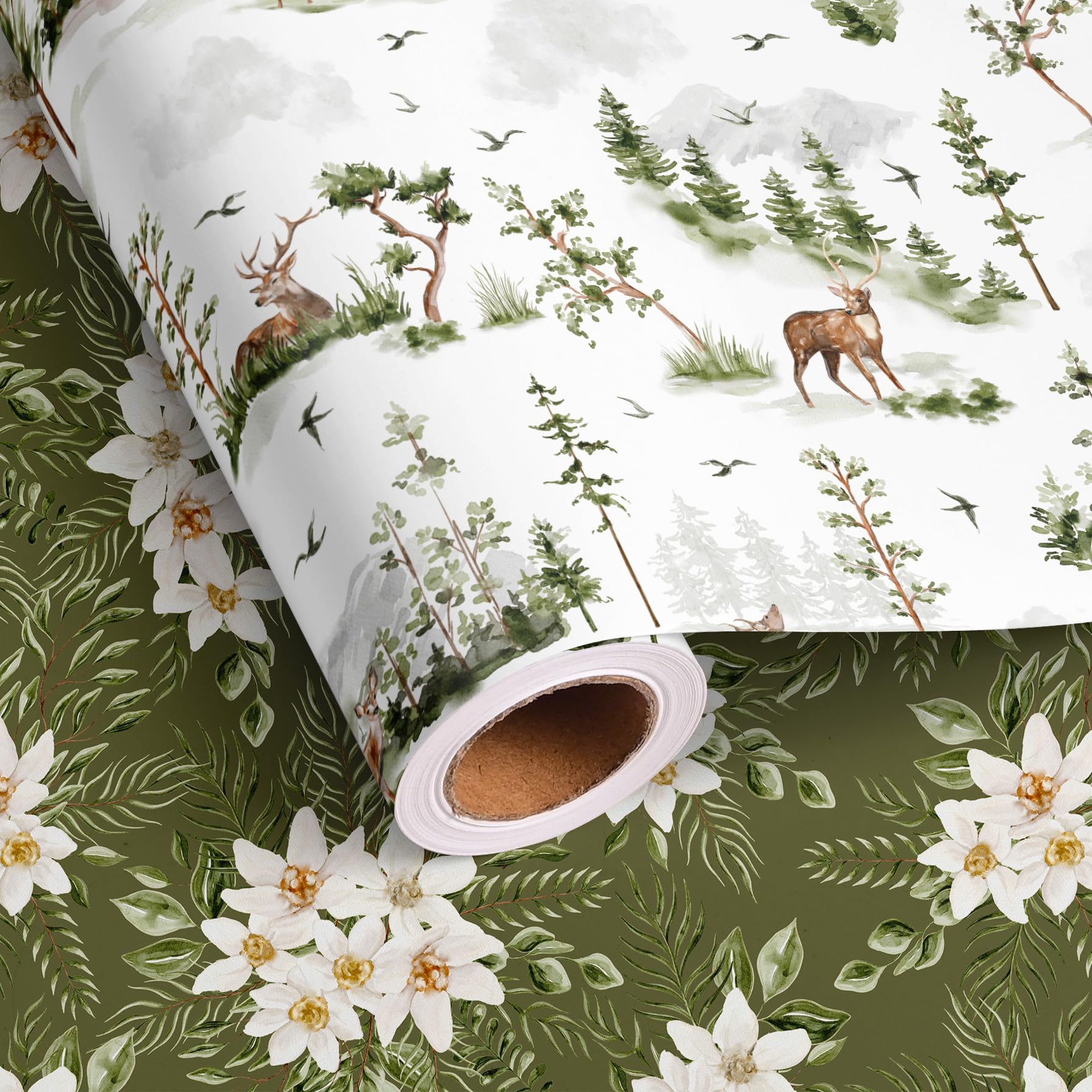 Dtiafu Forest Green Wrapping Paper Roll Watercolor Woodland Reindeer Gift Wrap Sheets Green Floral Xmas for Christmas Winter Baby Shower Celebration - Total 28.5sq.ft