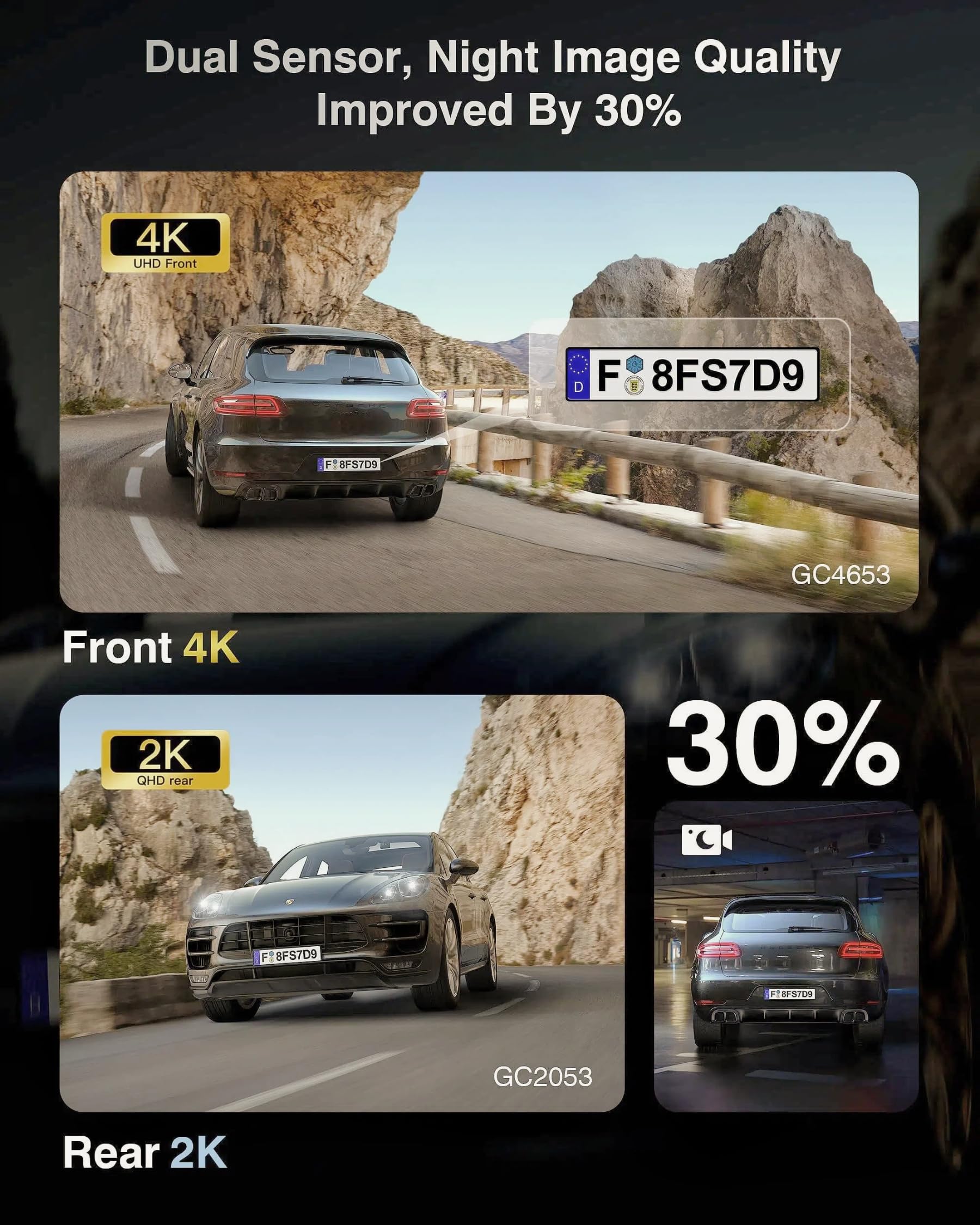 2-Channel Dash Cam 4K+2K Front Rear Dark Black - Dettaglio