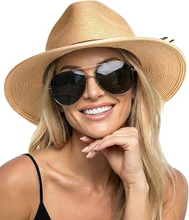 FURTALK Women's Wide Brim Sun Hat UPF 80+ Panama Fedora - Foldable Packable Straw Beach Hat for Summer