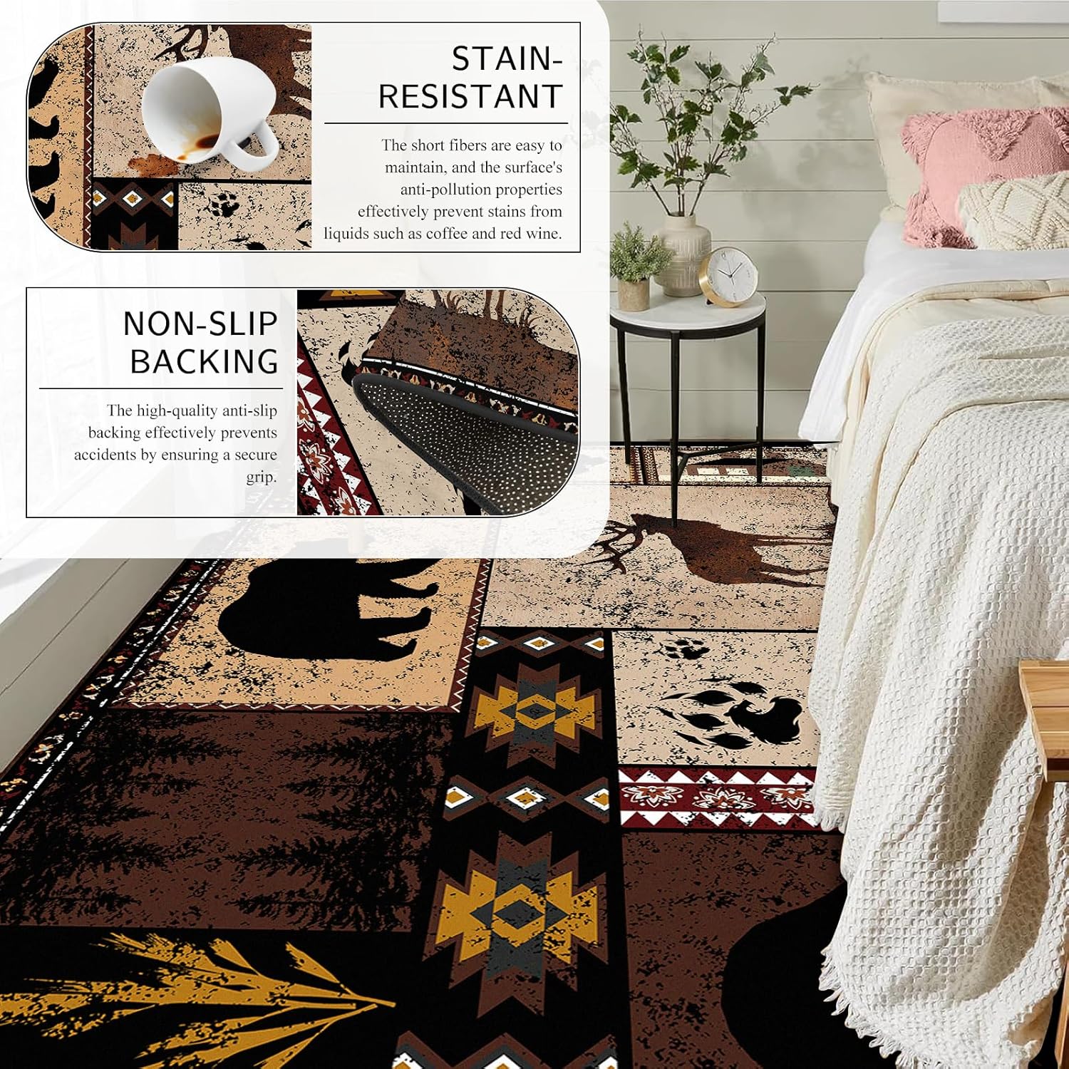 Rustic Bear Area Rug 2x3 Deer Hunting Rugs for Living Room Bedroom Dining Room Non-Slip Southwestern Aztec Carpet for Cabin Washable Animal Buffalo Plaid Doormat Floor Mats Indoor Decor