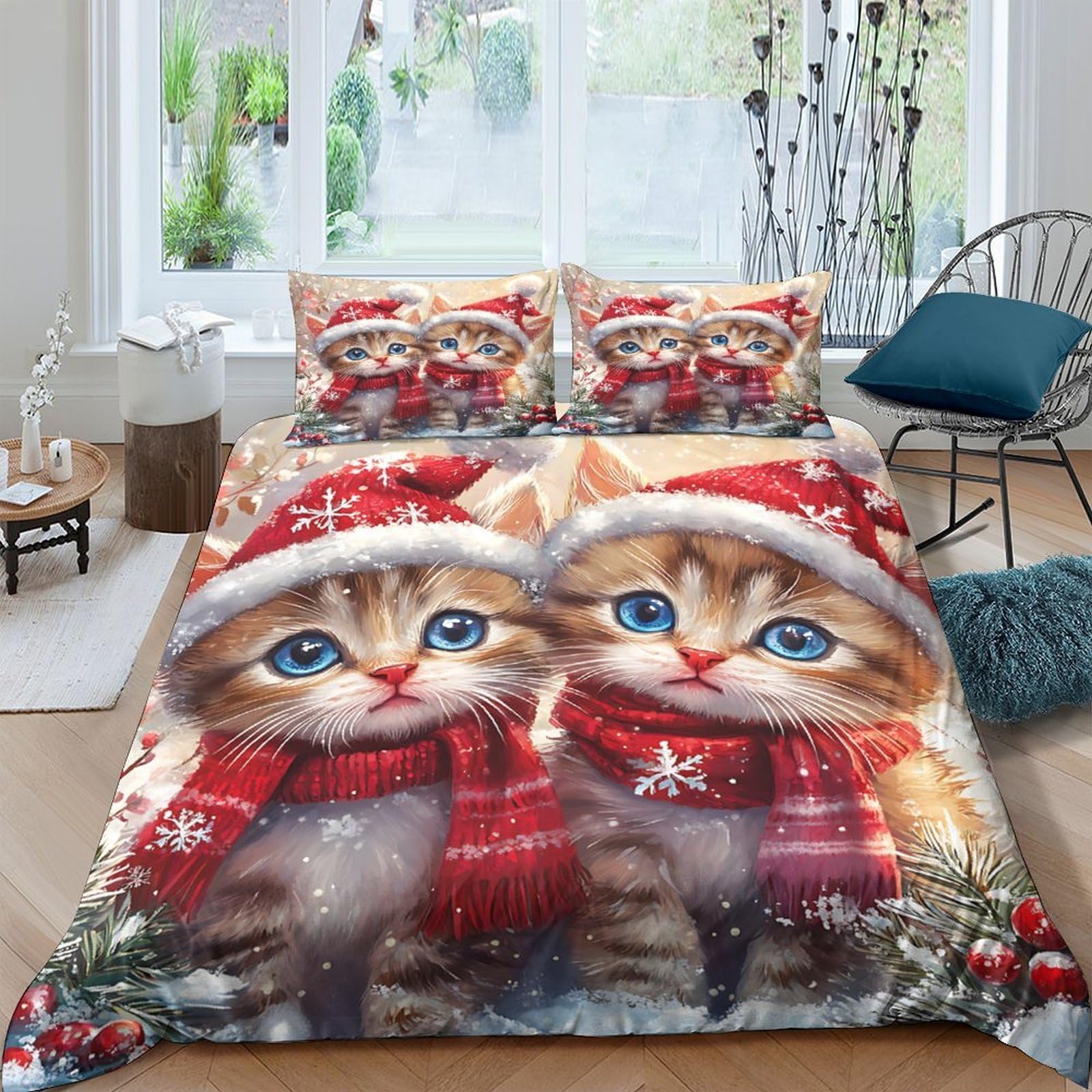 Ctjqhvkz Style-4 3D Printed Christmas Cat Fitted Sheet Microfiber Red Scarf Winter Kitten Mattress Cover For Bedroom Guest Room Decor Single（135X200cm）