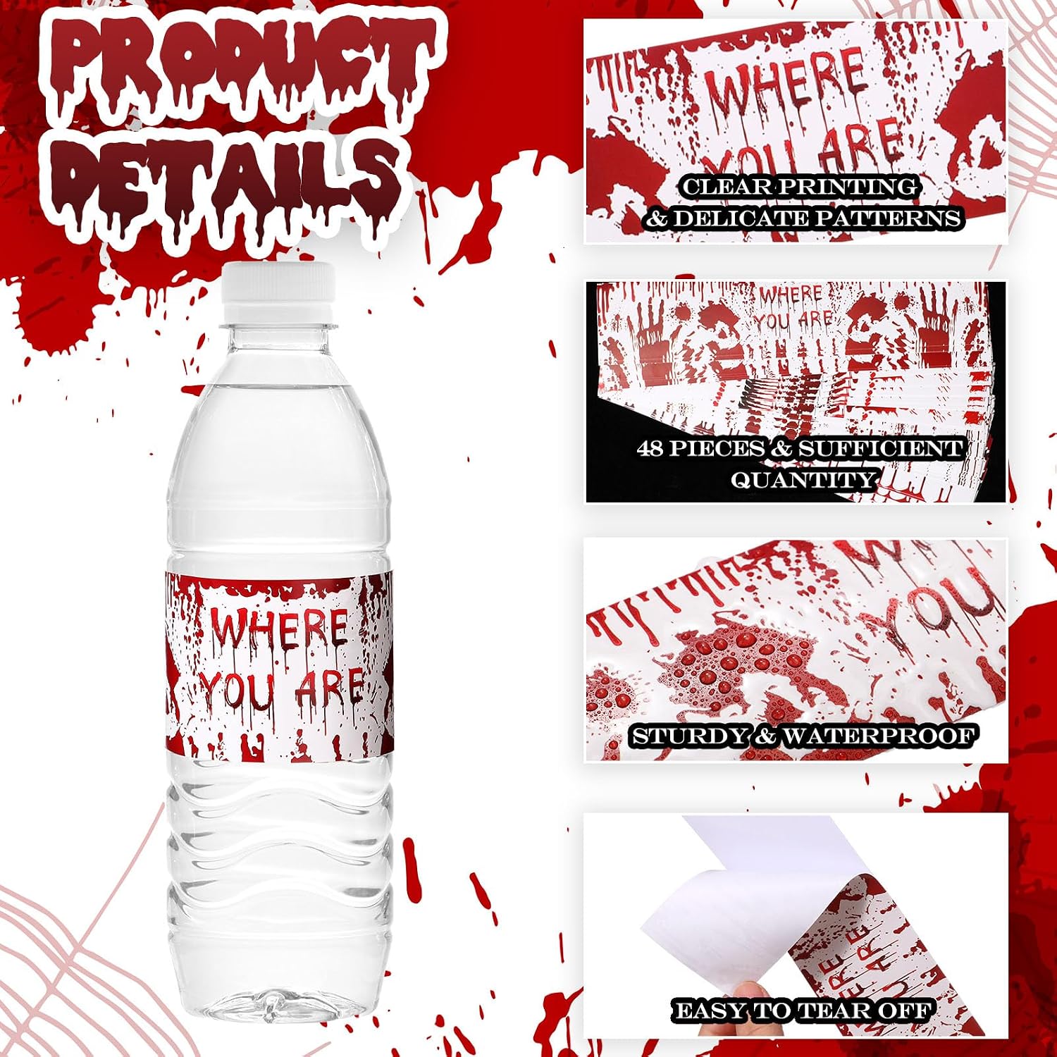Cinnvoice 48 Pcs Halloween Bloody Handprint Bottle Labels Waterproof