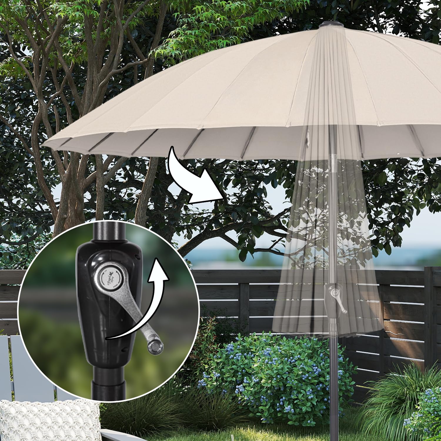 Angel Living Parasol De Jardin Parasol 250cm Rond, 24 baleines, L'Ombre De MéCanisme D'Inclinaison De Manivelle, Protection UV, pour Balcon, Terrasse, Piscine, Extérieur, Plage