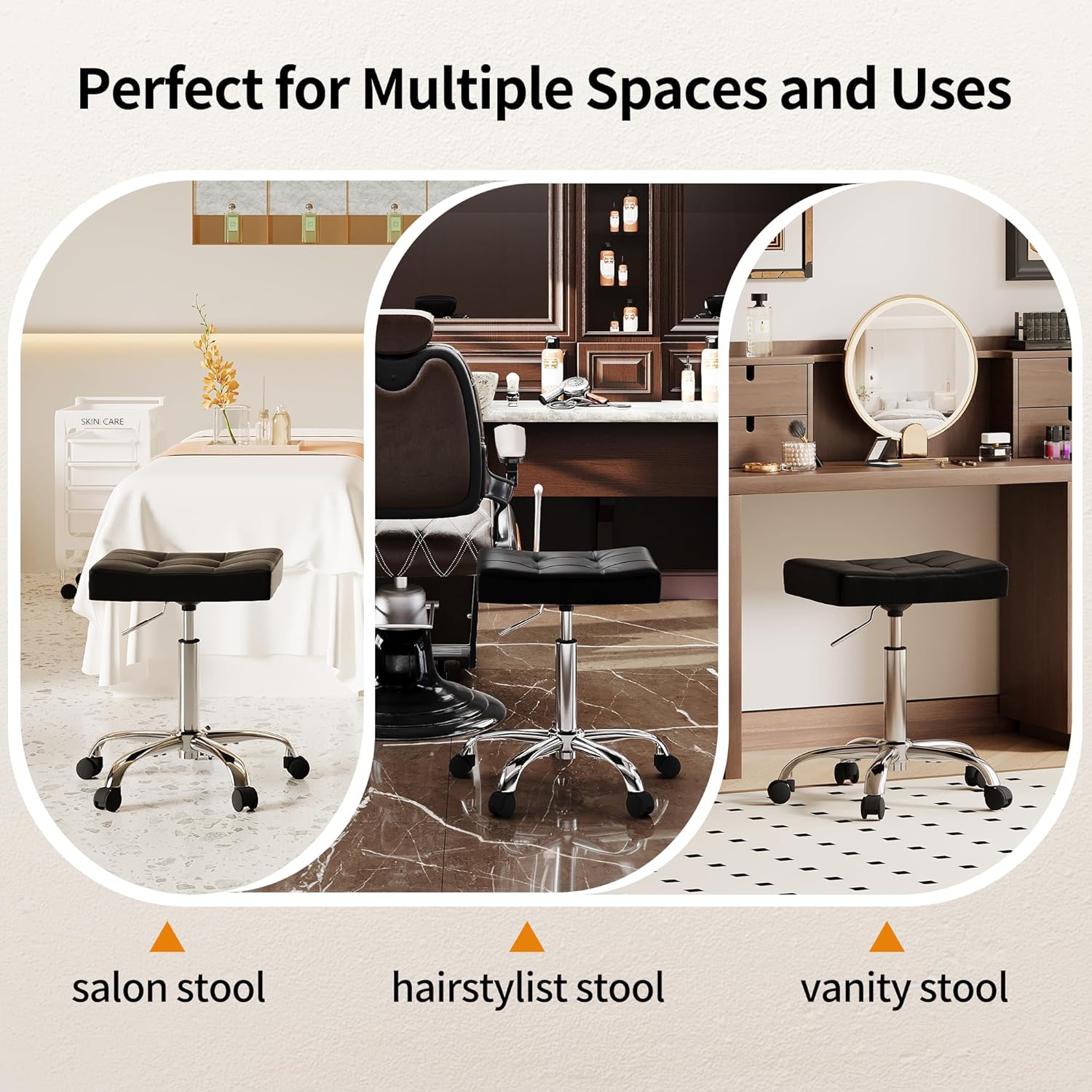 FIRAVOE Ergonomic Rolling Shop Stool (Adjustable Height 17-21 inch) Salon Stool for Hair Stylist (Black)
