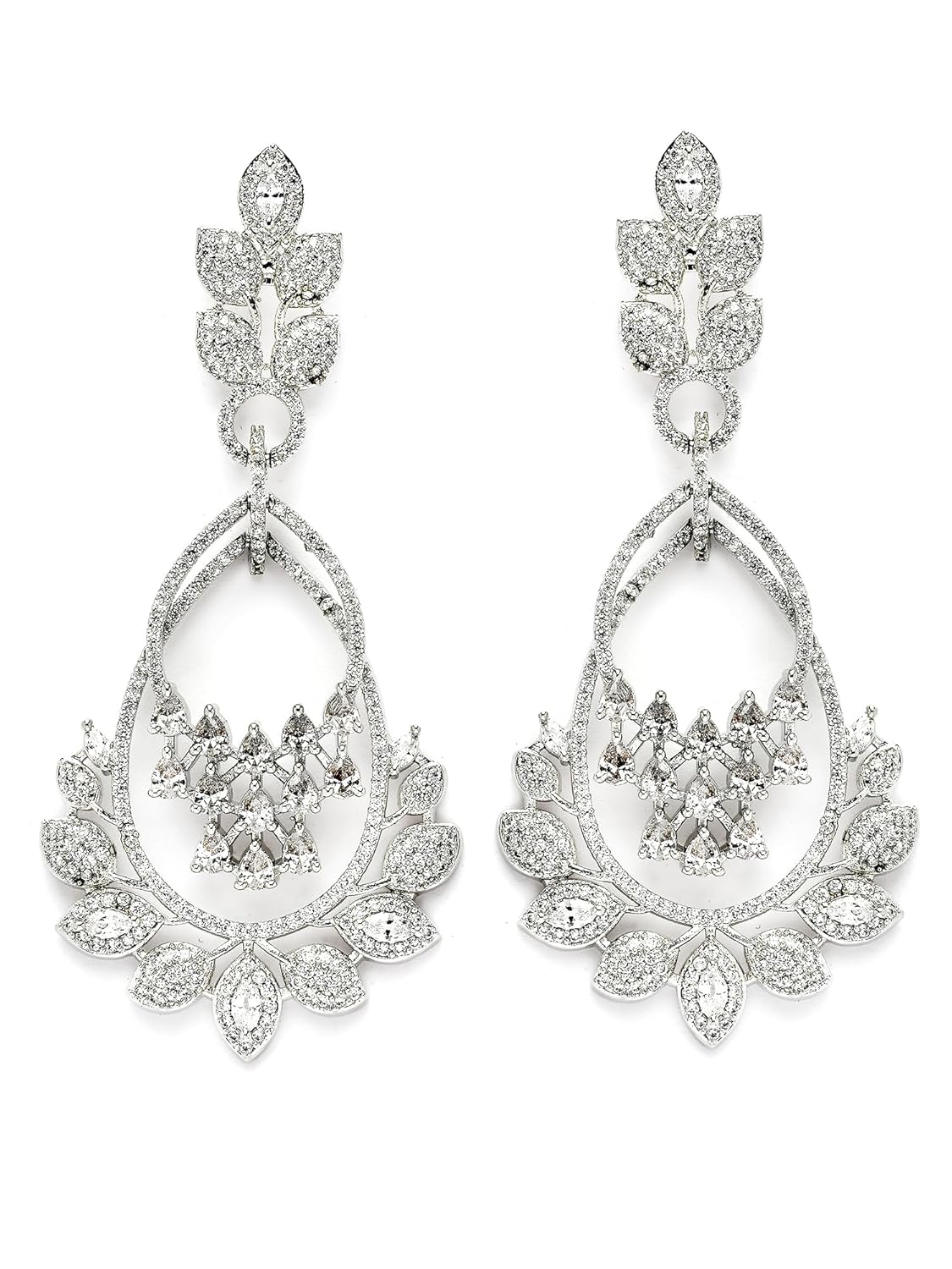 KARATCART Stunning Silver Finish American Diamond Leaf Dangler Earrings for Women