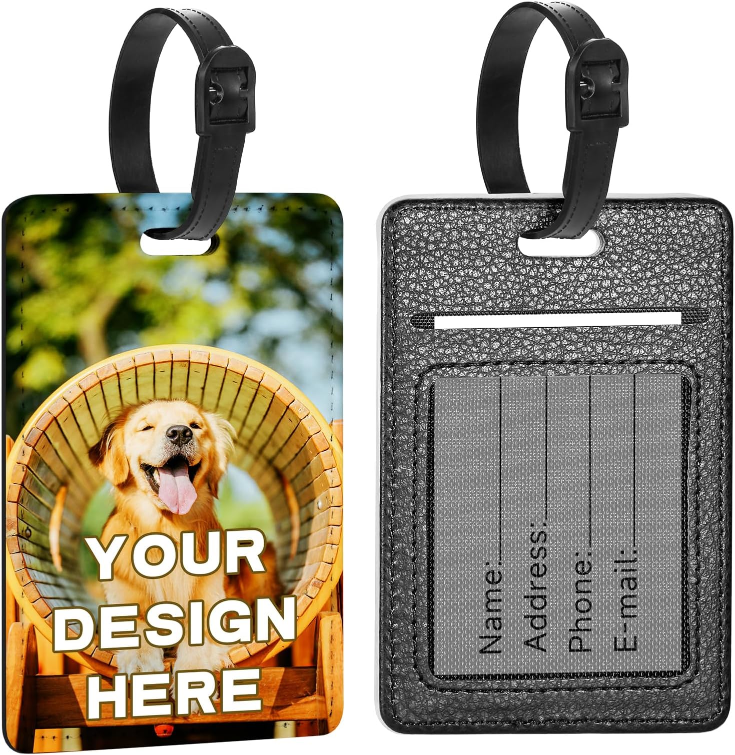 Personalised Luggage Tags with Photo, Bulk Custom Luggage Labels with Logo Text, PU Leather Name Tags with Strap for Travel Backpacks Bags Suitcase Business