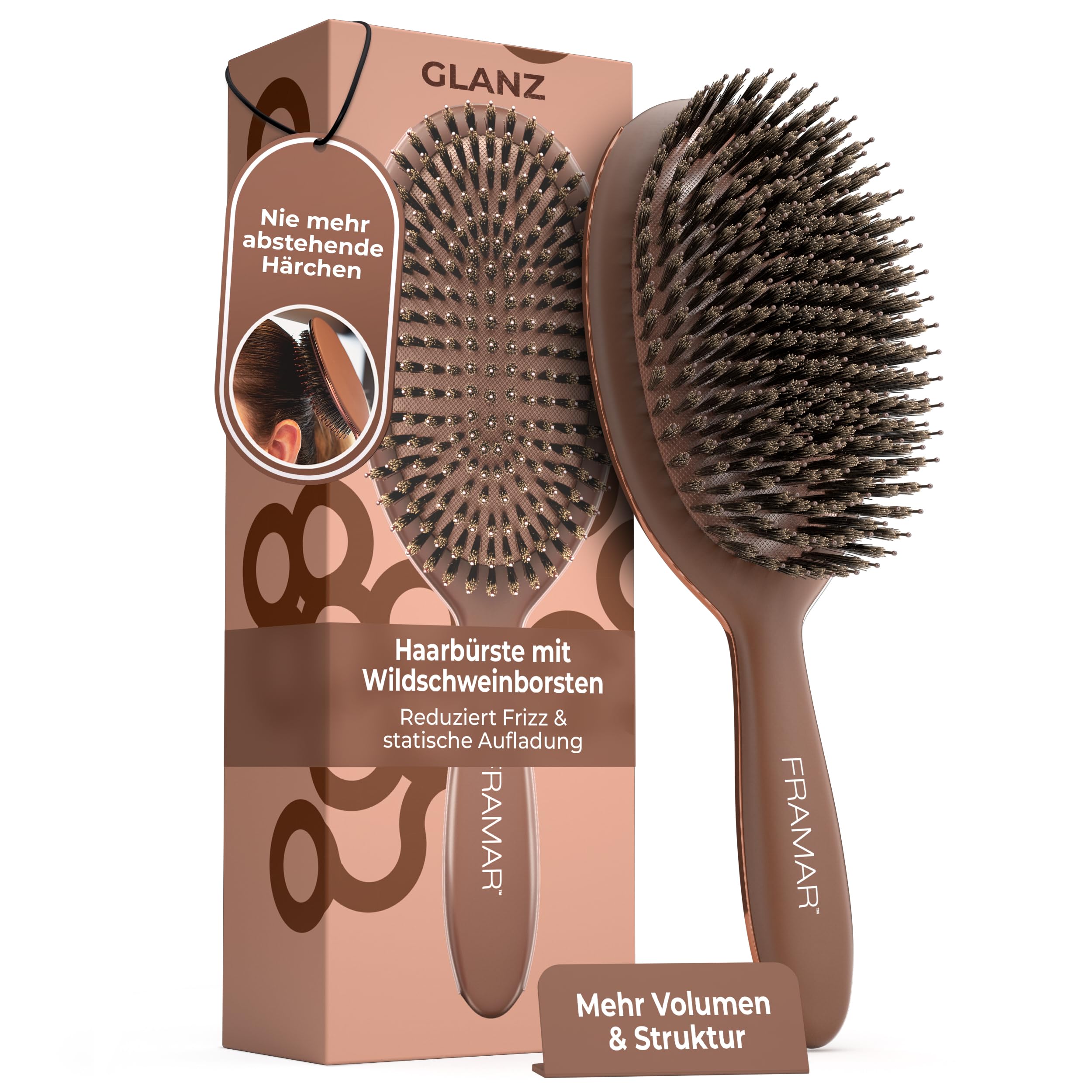 FRAMAR Wildschweinborsten Bürste Damen - Haarbürste Wildschweinborsten, Naturhaarbürste Damen, Sleek Bürste Haare, Haarbürste Naturborsten, Boar Bristle Brush, Haarbürsten,Hair Brush –Schokolade