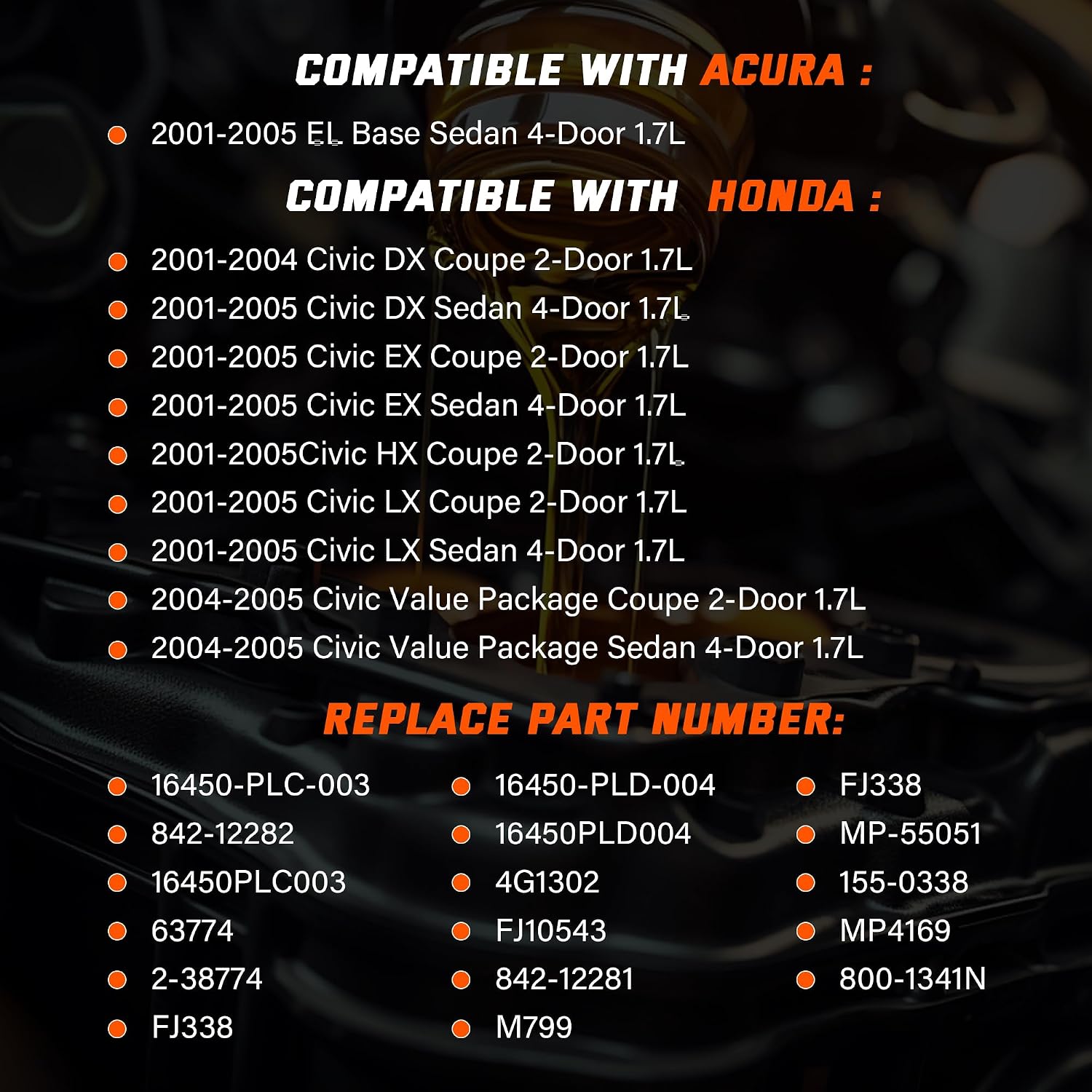 Fuel Injectors Set of 4 Compatible with Acura EL, For:-Honda Civic 2001-2005 Dx Lx Hx, 2004-2005 Value package 1.7L L4, high performance fuel injectors Replaces 16450PLC003 FJ338