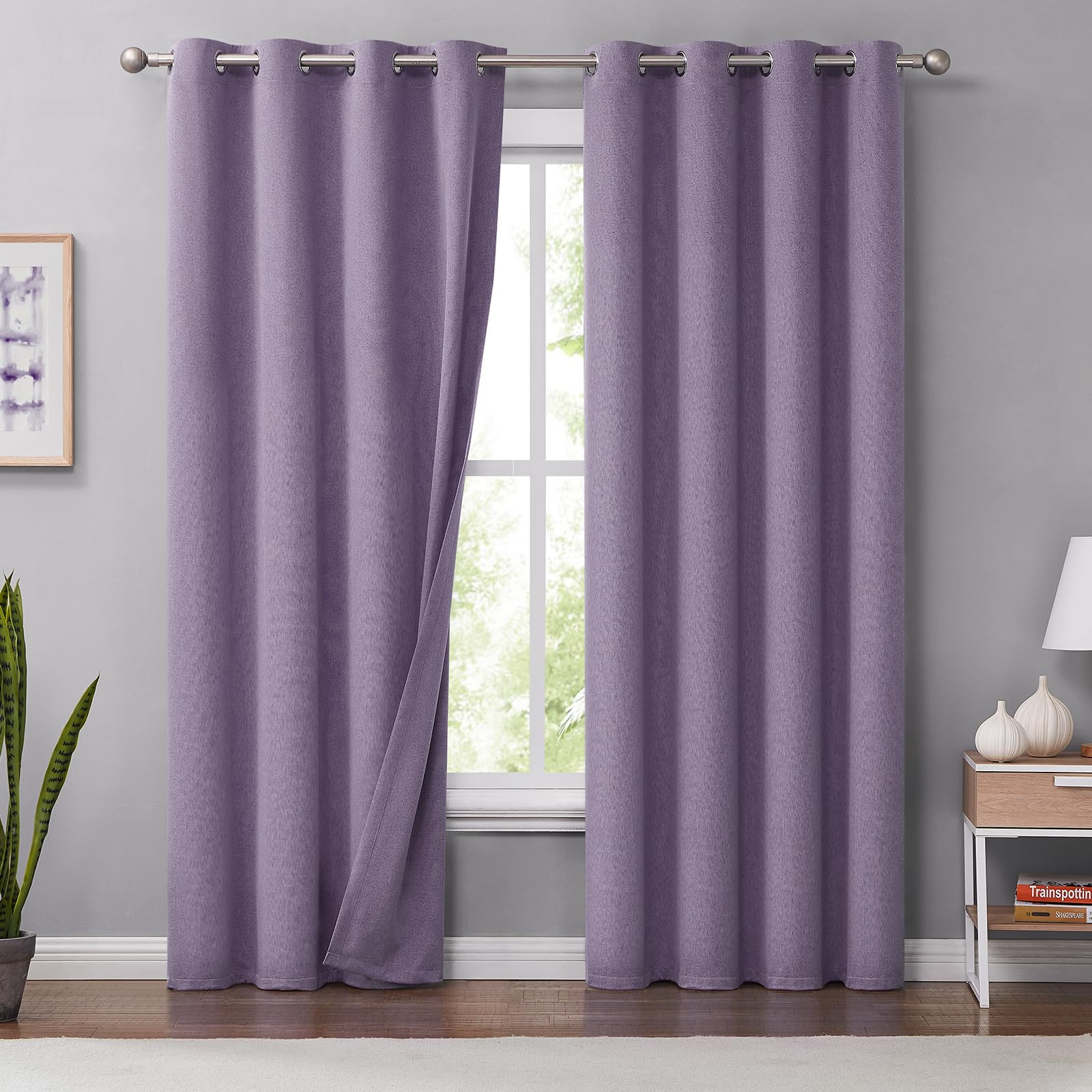 Melodieux Cortinas 100% Opacas para Dormitorio, con Aislamiento térmico y reducción de Ruido, Cortinas de Lino con Ojales para Sala de Estar y guardería, Color Morado, 50 x 63 Pulgadas de Largo, 2
