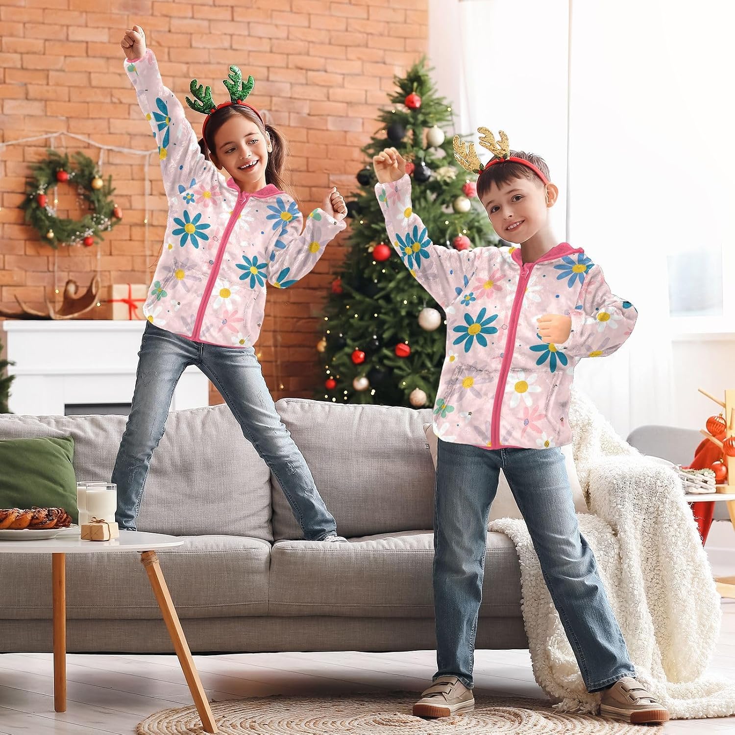 ALAZA Pink Blue Flowers Hoodie Jacket for Girls Toddler Fleece Zip Up Coat Plush Jacket Long Sleeve Outerwear for 3 Years
