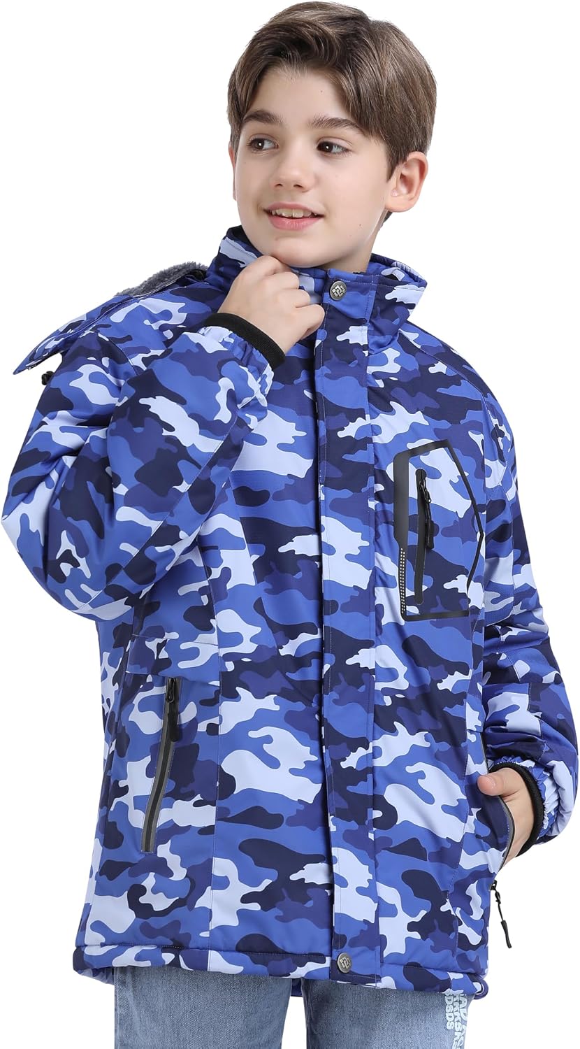 MoFiz Boys Waterproof Skiing Jacket Kids Hooded Fleece Winter Snowboard Jackets Windproof Warm Outerwear with Zip Pockets