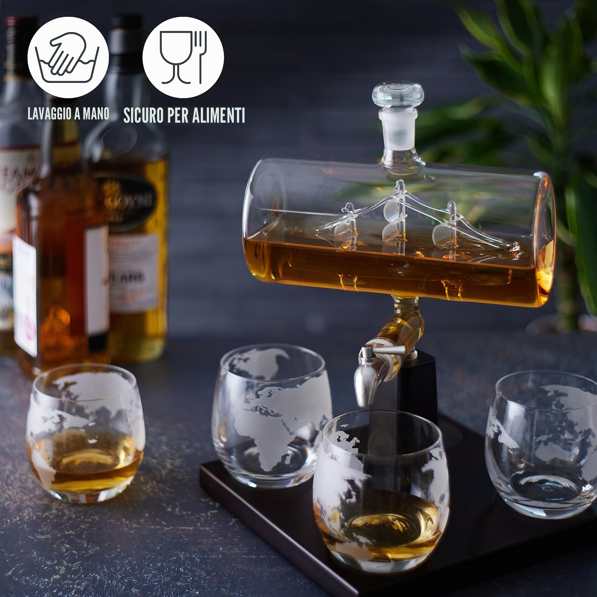 Decanter per Whisky e Grappa (1000 ml) con Set di Bicchieri - Dispenser di Alcol a Forma di Nave - Confezione Regalo con Design Raffinato