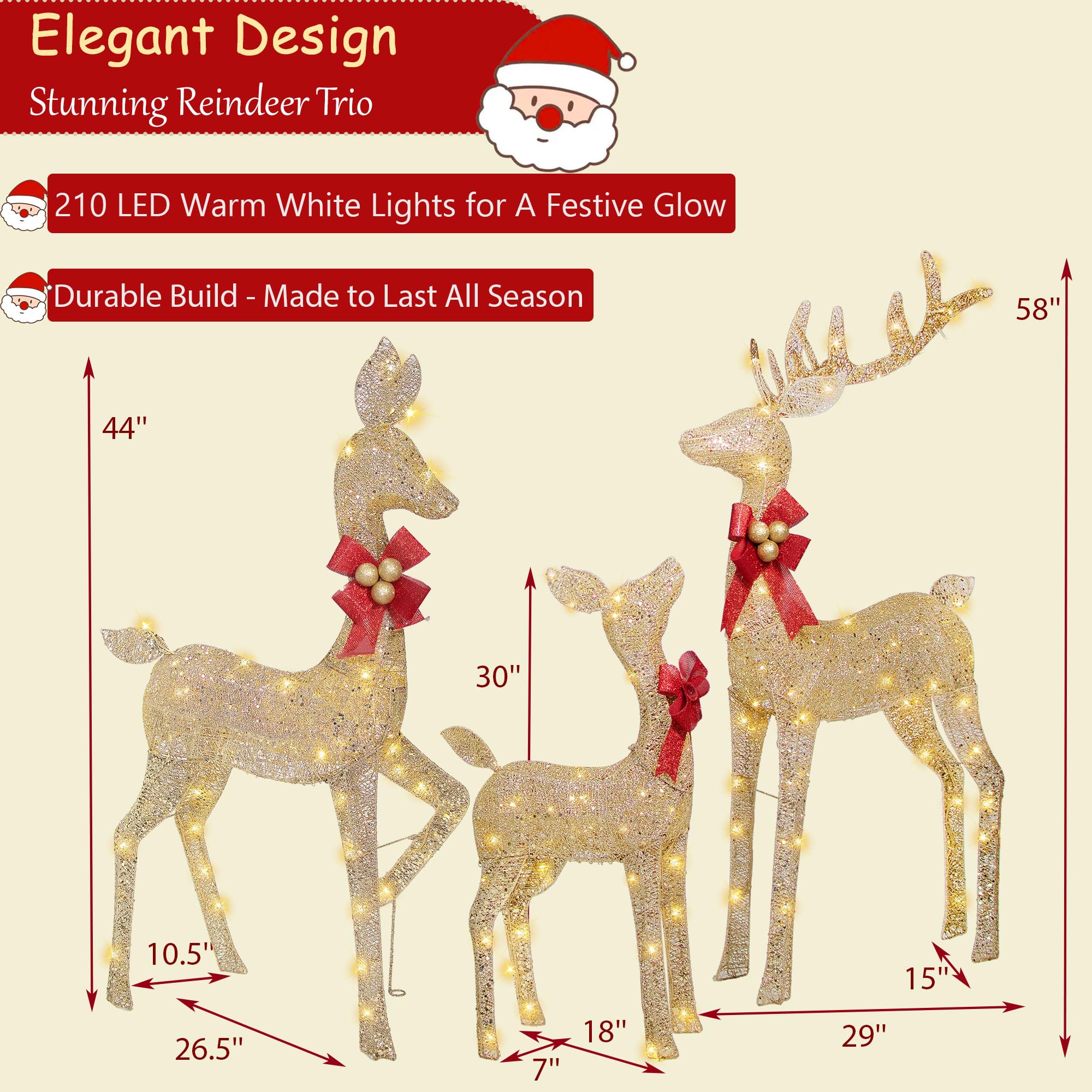 Decoración navideña de renos para patio, 3 piezas de familia de renos iluminados para decoración de Navidad al aire libre, patio, ciervos de Navidad iluminados, decoraciones navideñas al aire