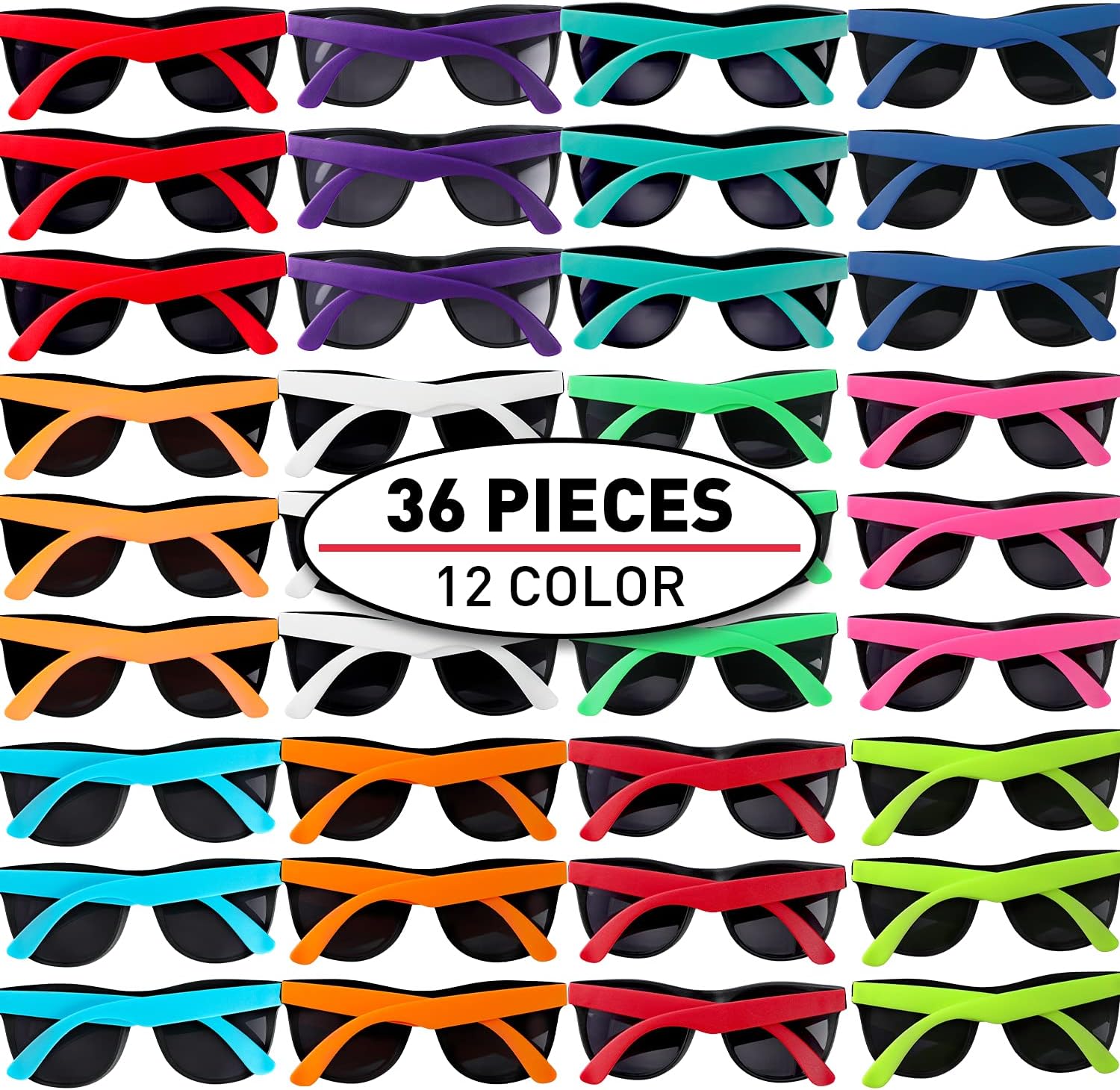 36 Pack 12 Colors Neon Party Sunglasses With Dark Lens,80's Style Perfect Colorful Novelty Sunglasses For Bulk Pool & Beach Parties,Birthday Goody Bag Fillers for Boy
