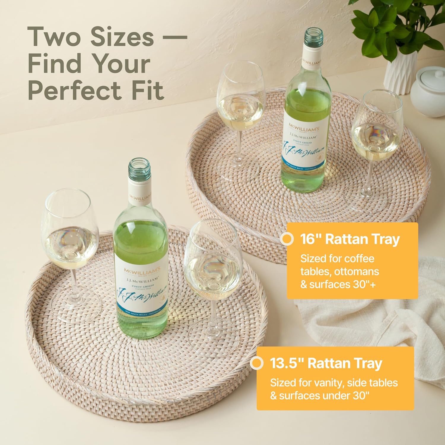 Round Rattan Tray 13.5" — Hand-Woven Wicker Tray for Home Decor (Whitewash)