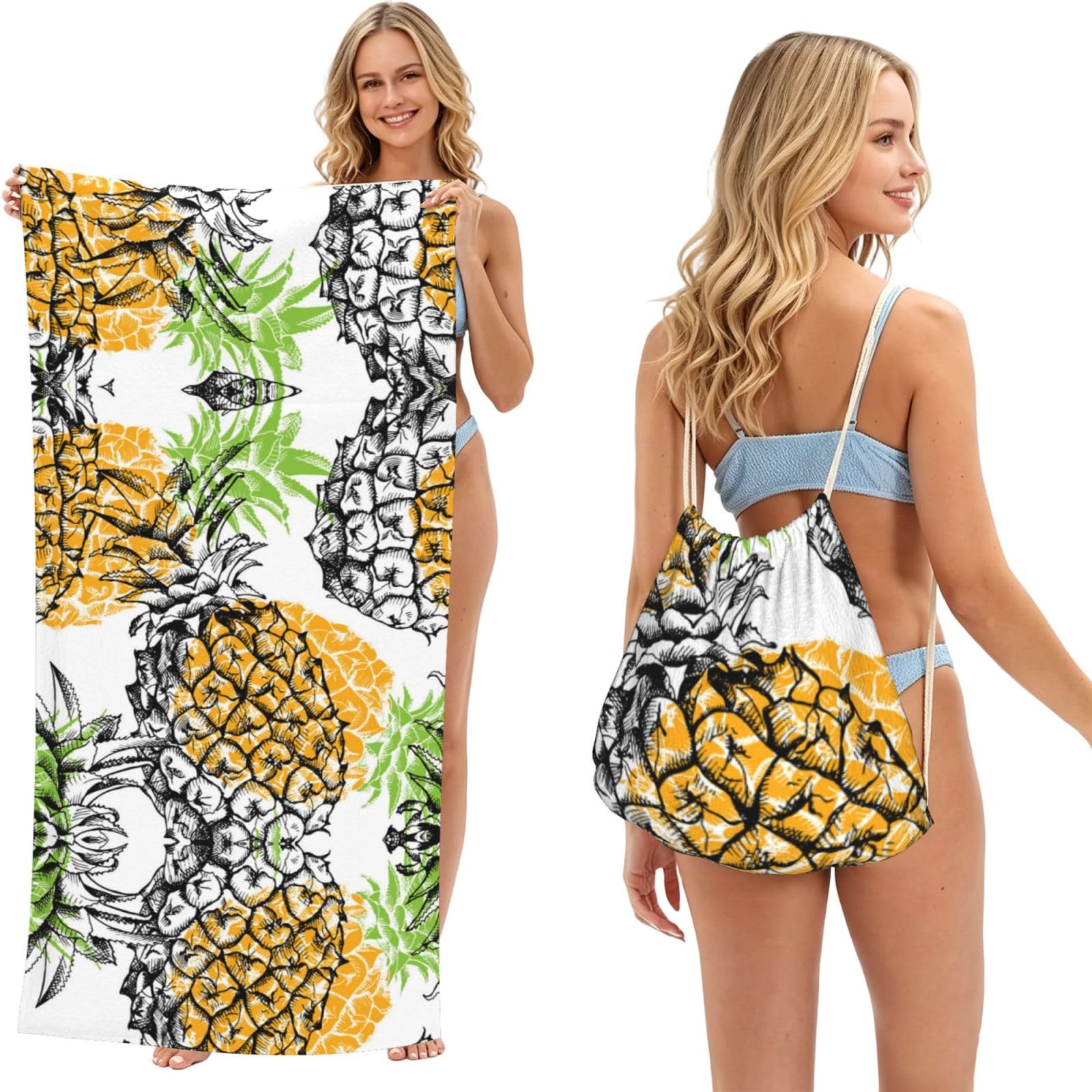 SATUSA Yellow Pineapple Print 2-In-1 Foldable Beach Towel Backpack â€“ Camping, Yoga And Travel,Bath Towel With Built-In Storage, Convertible Beach Mat & Carry Bag