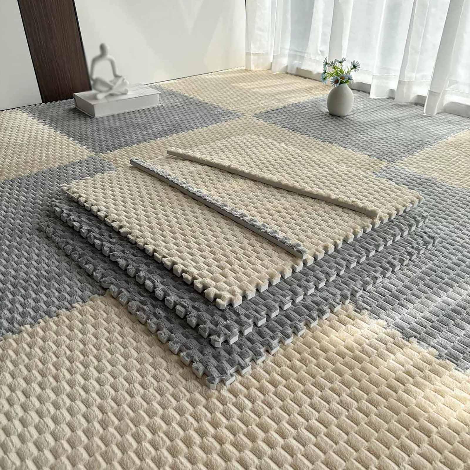 TY&WJ Flannel Interlocking Foam Floor Mats 23.6",Plush Puzzle Carpet Tiles
