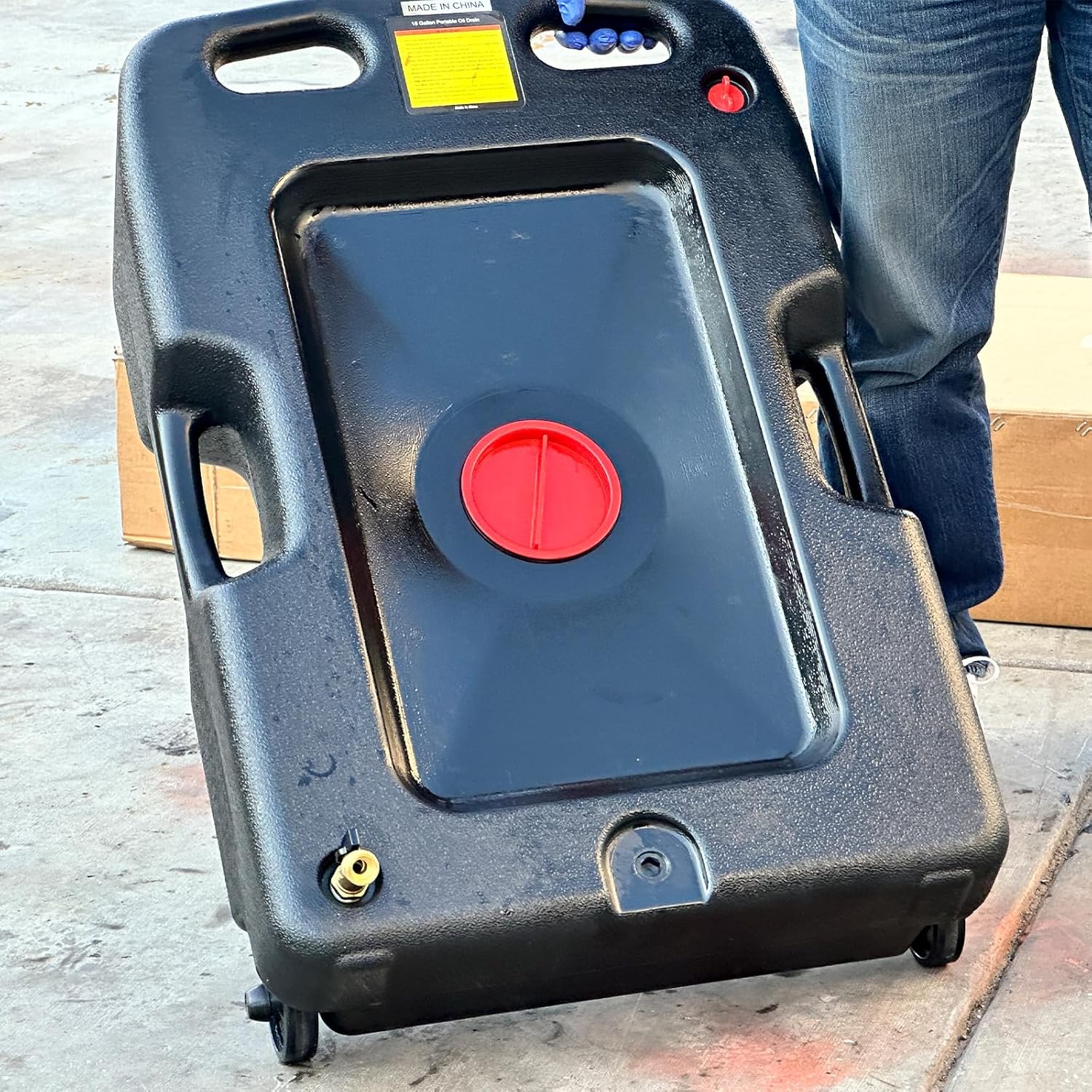 HKTE 15-Gallon Portable Oil Drain Pan, Heavy-Duty HDPE, with Wheels for Garage & Workshops