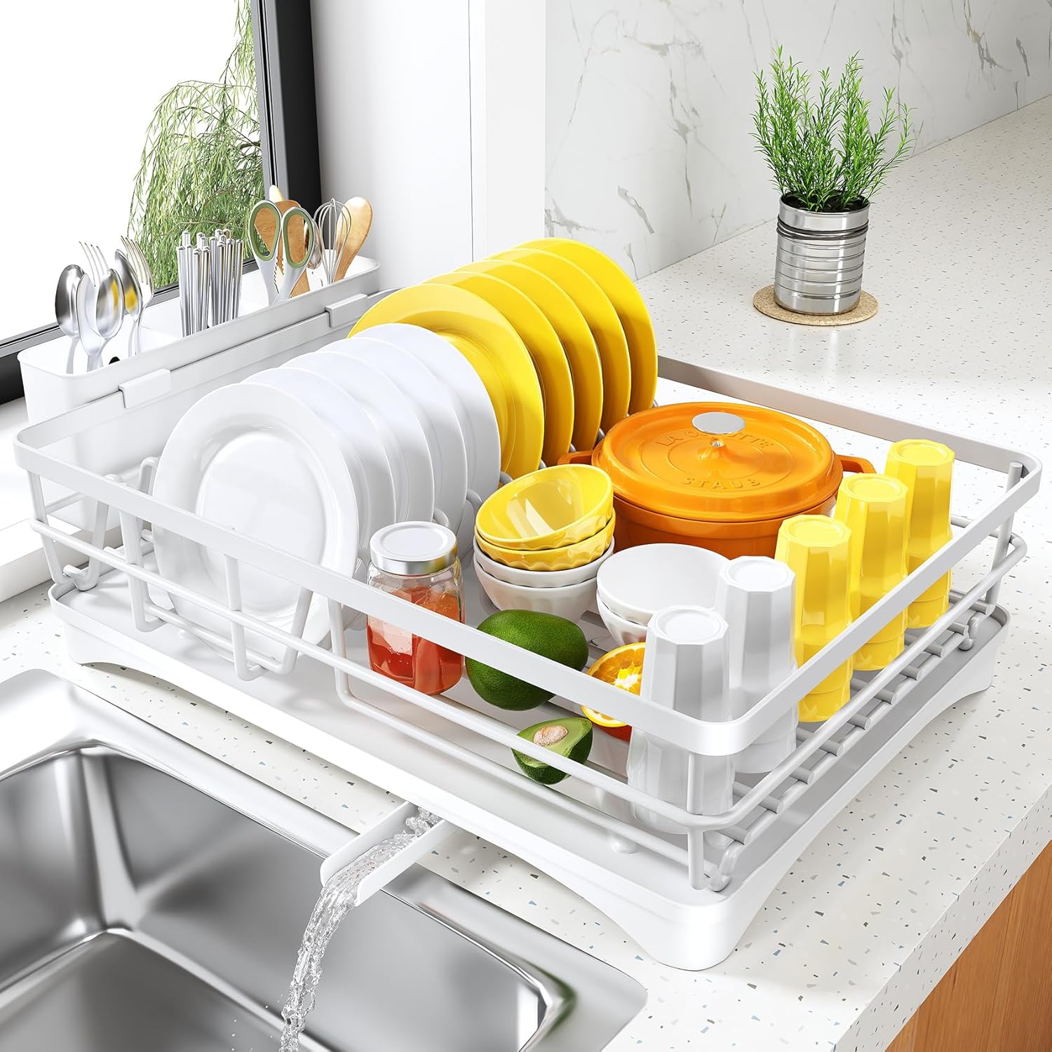 SNTD Dish Drying Rack for Kitchen Counter - Large Dish Rack with Drainboard, Rustproof Dish Drainer with Utensil Holder for Sink, White White Countertop