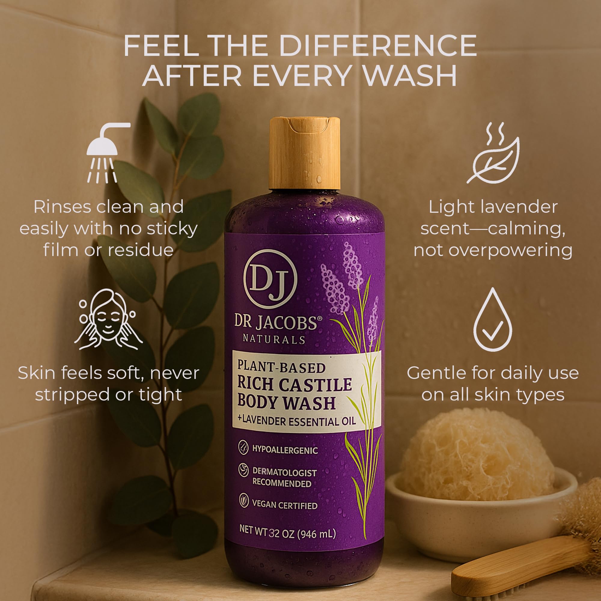 DR.JACOBS NATURALS Kastylia, czyste mydło w płynie, bez oleju palmowego i GMO, naturalny żel do kąpieli do twarzy i ciała, bez parabenów, siarczanów, syntetyki, gltuen, lawenda, 32 uncje