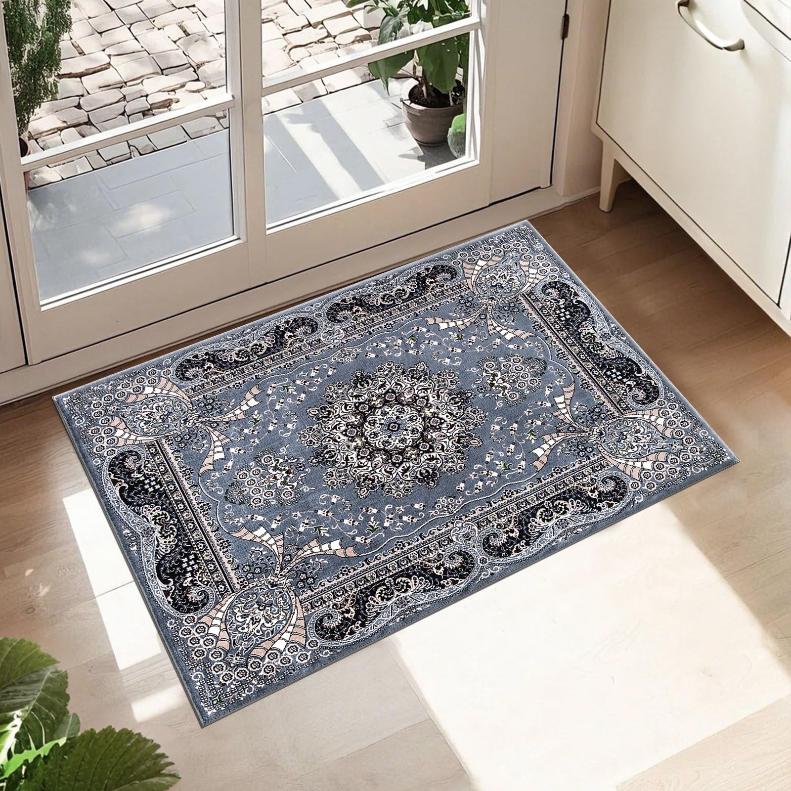 cozily® Soft Pile Washable Vintage Rug, 60 x 110 cm (2 ft x 3 ft 7 in) - Grey - Floral Pattern Door Mat for Indoor, Office, Door, House Floor, and Bathroom — image 1
