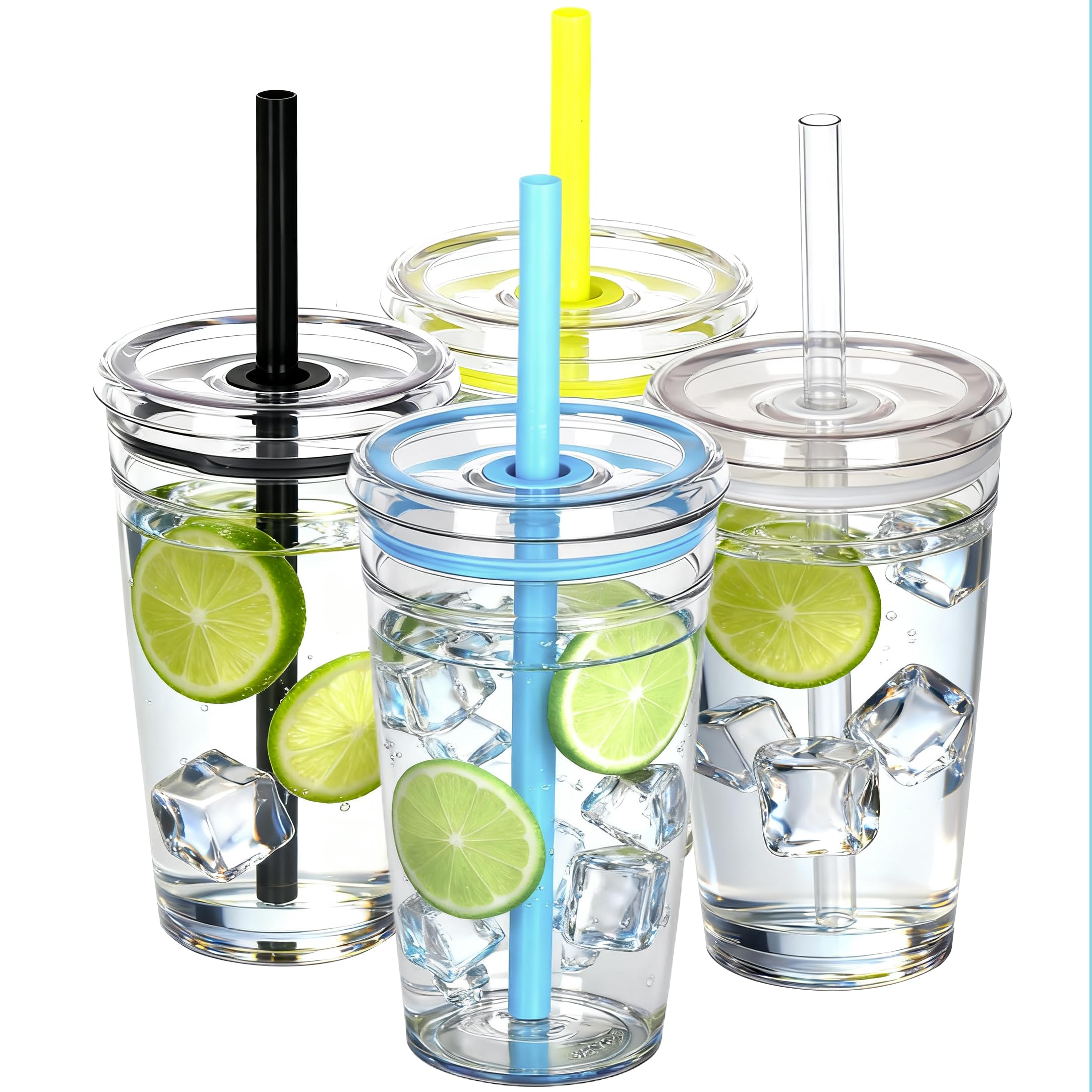 Yisituo 4 Pack 450ml Clear Plastic Iced Coffee Travel Cups, Reusable with Lids and Straws, for Cold Hot Beverages (4, Darker)
