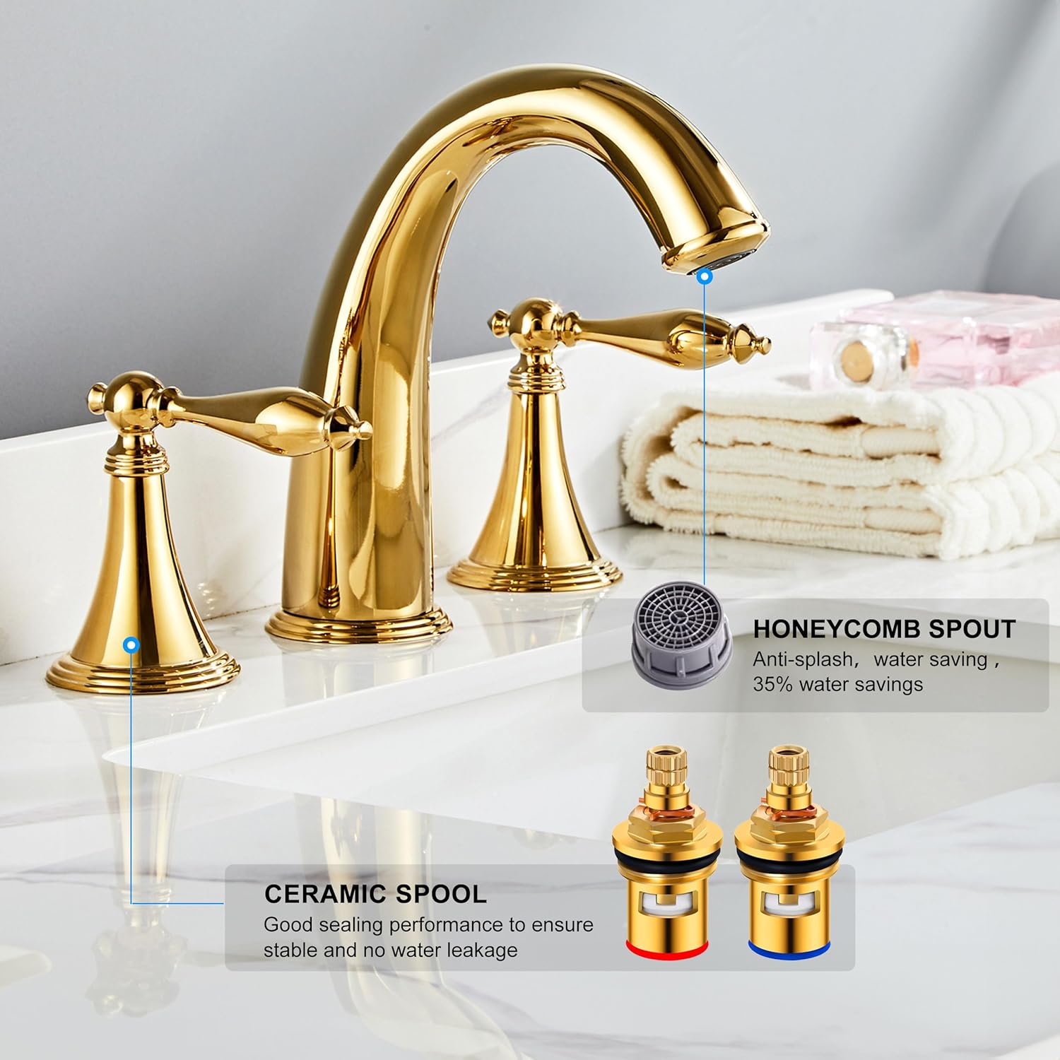 SaniteModar Polished Gold Bathroom Sink Faucet,Brass Bathroom Faucet 3 Hole,Widespread Bathroom Faucet for Sink 3 Hole,2 Handles Design with Water Supply Lines - Image 3