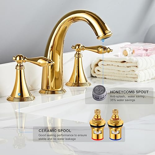 Vista 3 de SaniteModar Grifo de lavabo de baño de oro pulido, grifo de baño de latón de 3 agujeros, grifo de baño generalizado para fregadero de 3 agujeros