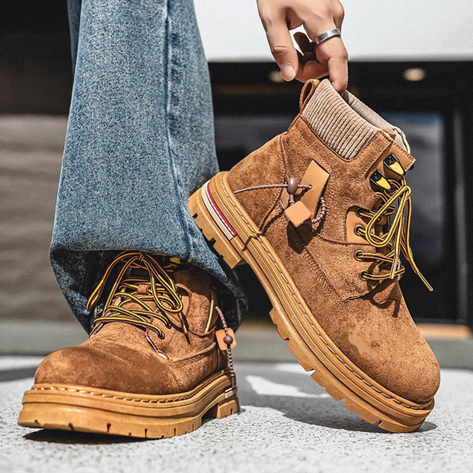 Męskie masywne zamszowe botki z dzianiny kołnierz na co dzień botki retro sznurowane modne trampki do streetwear spacerów, ŻÓŁTY, 39.5 EU