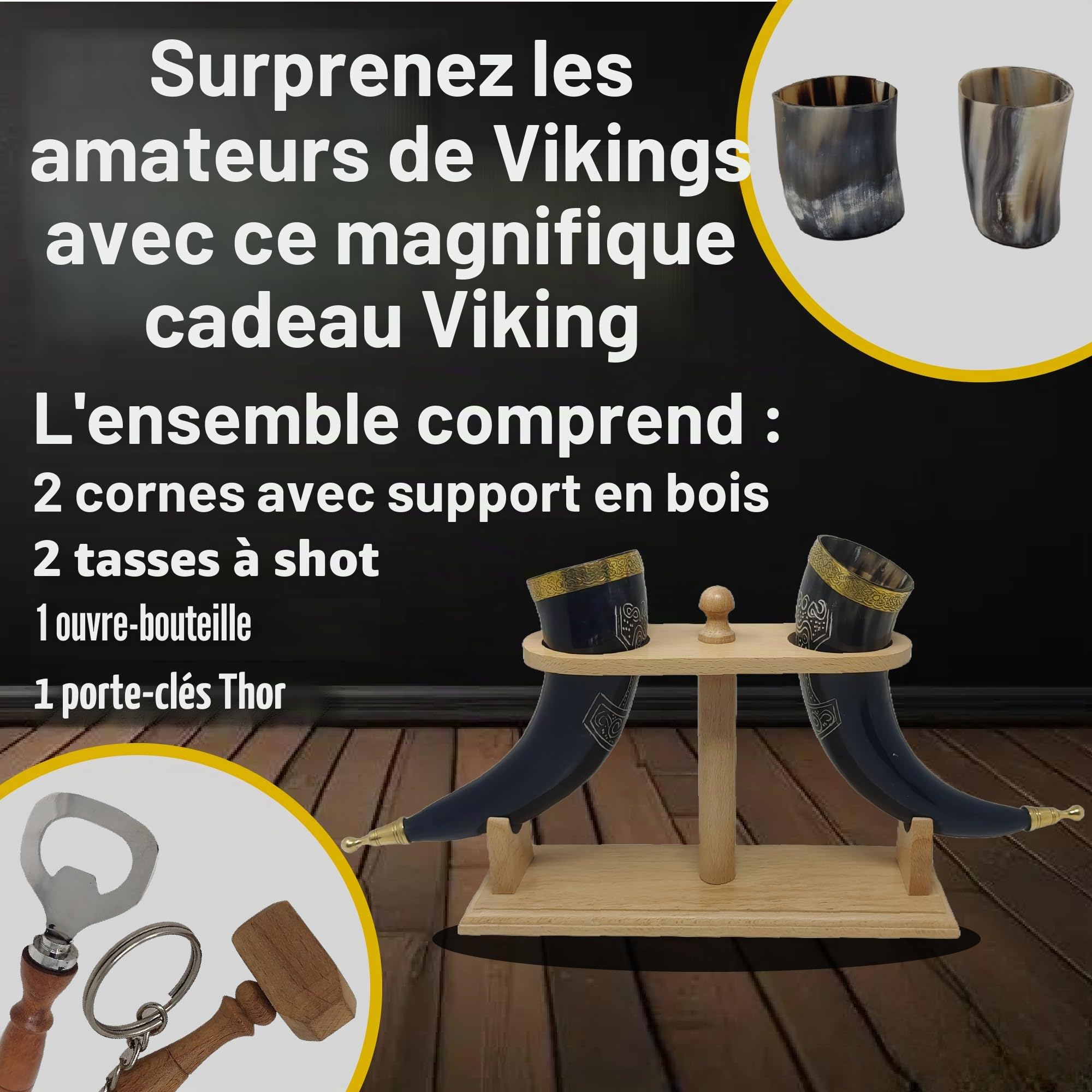 Viking Corne de bœuf | Chope | Tasse | Verre à liqueur | Décapsuleur | 100 % sans fuite | Naturel et fait à la main | Offres combinées (2 cornes avec support en bois)