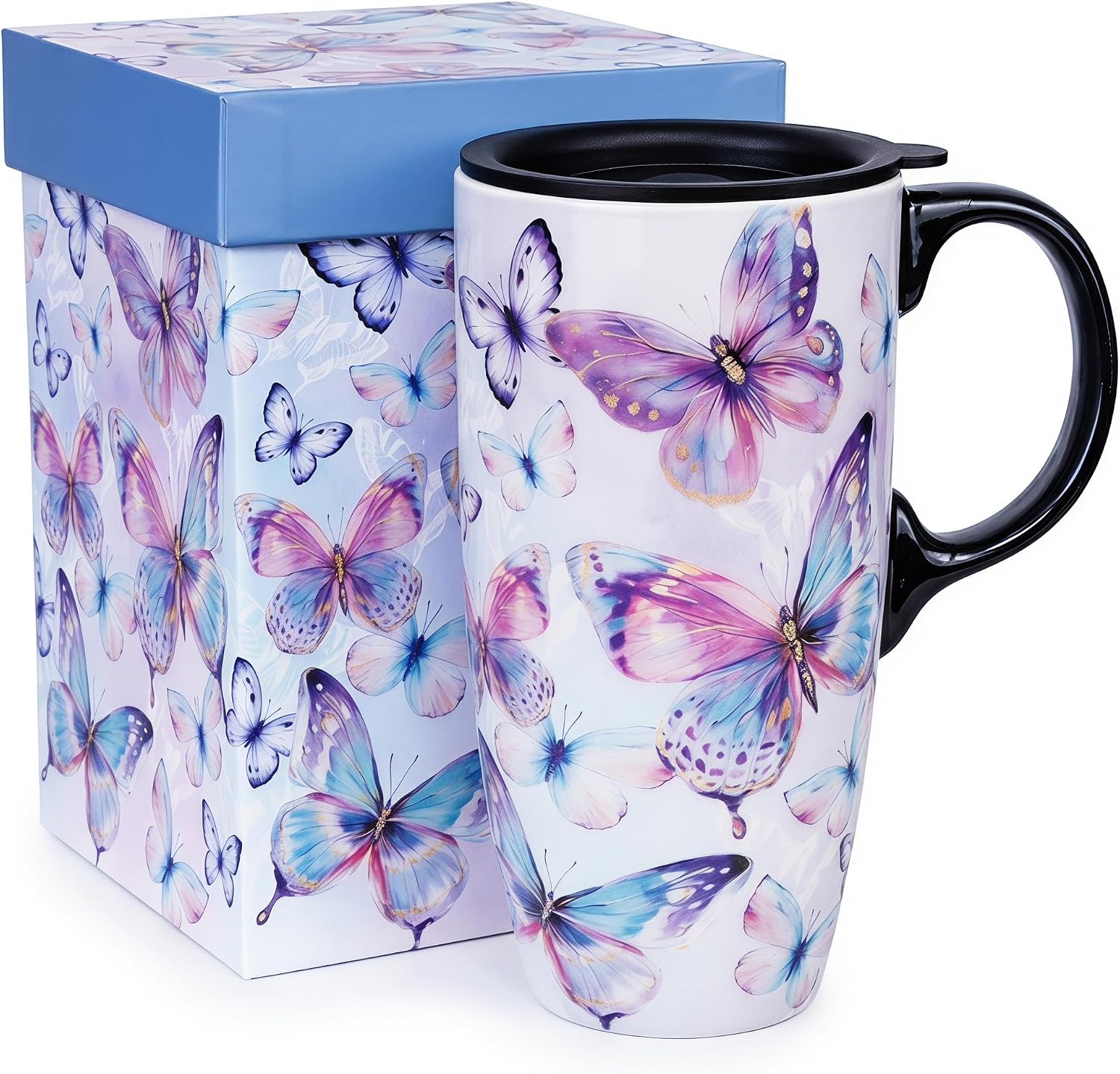 Topadorn 17oz Ceramic Travel Mug with Lid, Watercolor Butterfly Coffee Mug with Handle, Microwave & Dishwasher Safe, Gift Box Included